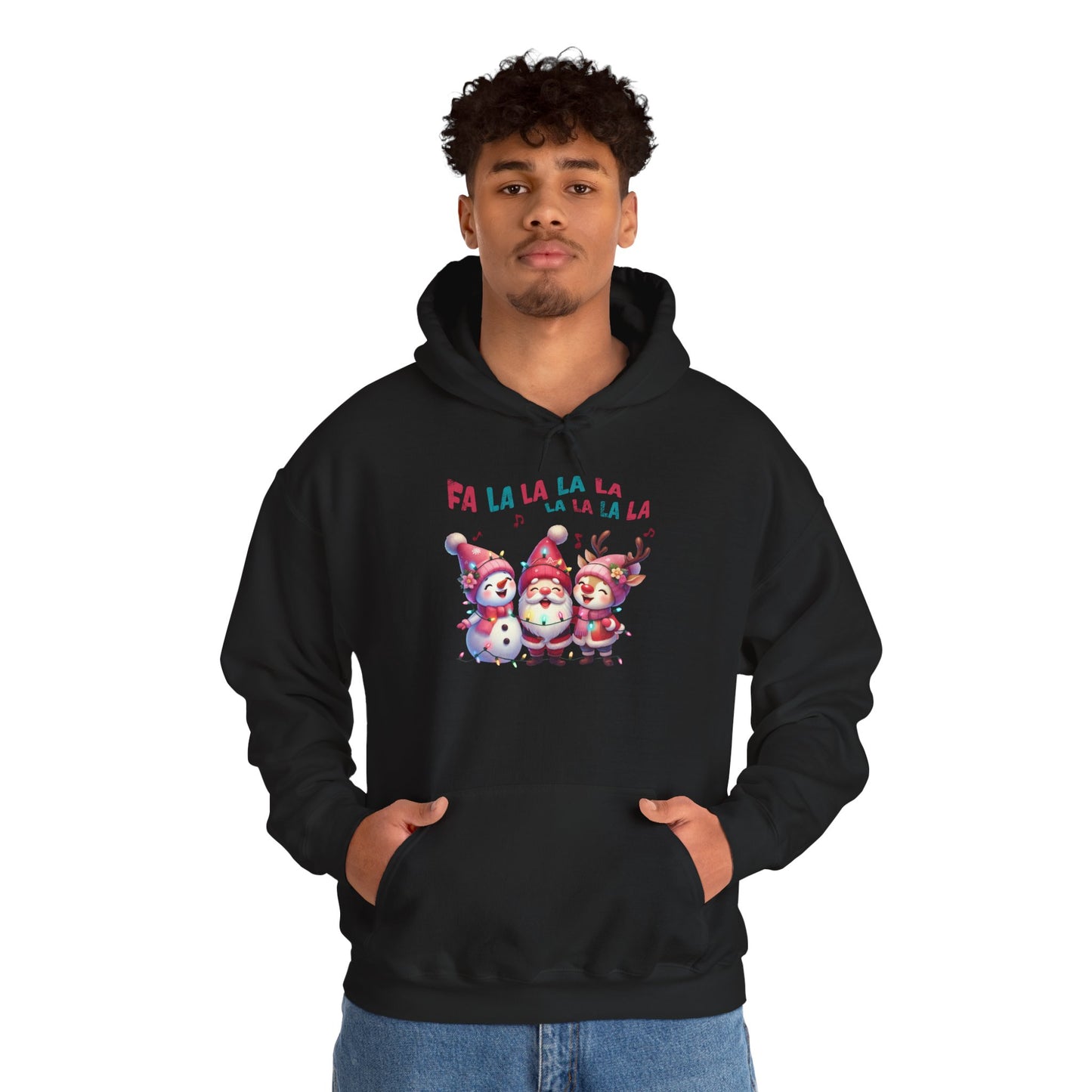 Festive Caroling Trio Christmas Hoodie – Cute Santa, Snowman & Reindeer Holiday Sweatshirt (Unisex)