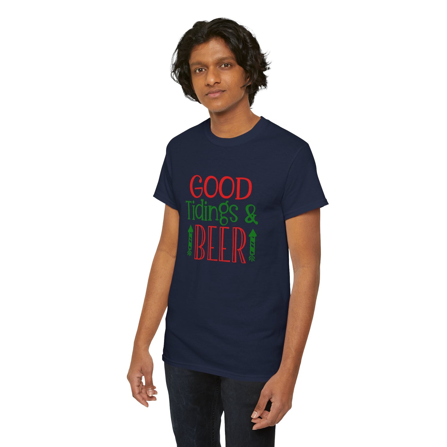 Good Tidings & Beer T-Shirt – Funny Christmas Drinking Unisex Heavy Cotton Tee