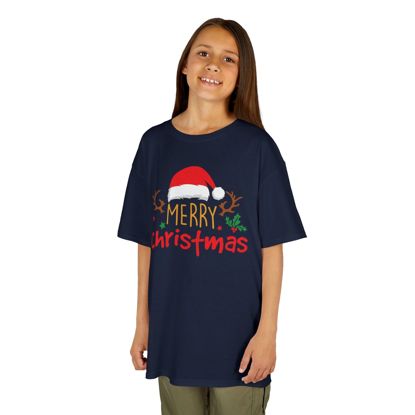 Merry Christmas Reindeer Kids T-Shirt – Cute Holiday Santa Hat Xmas Graphic Tee