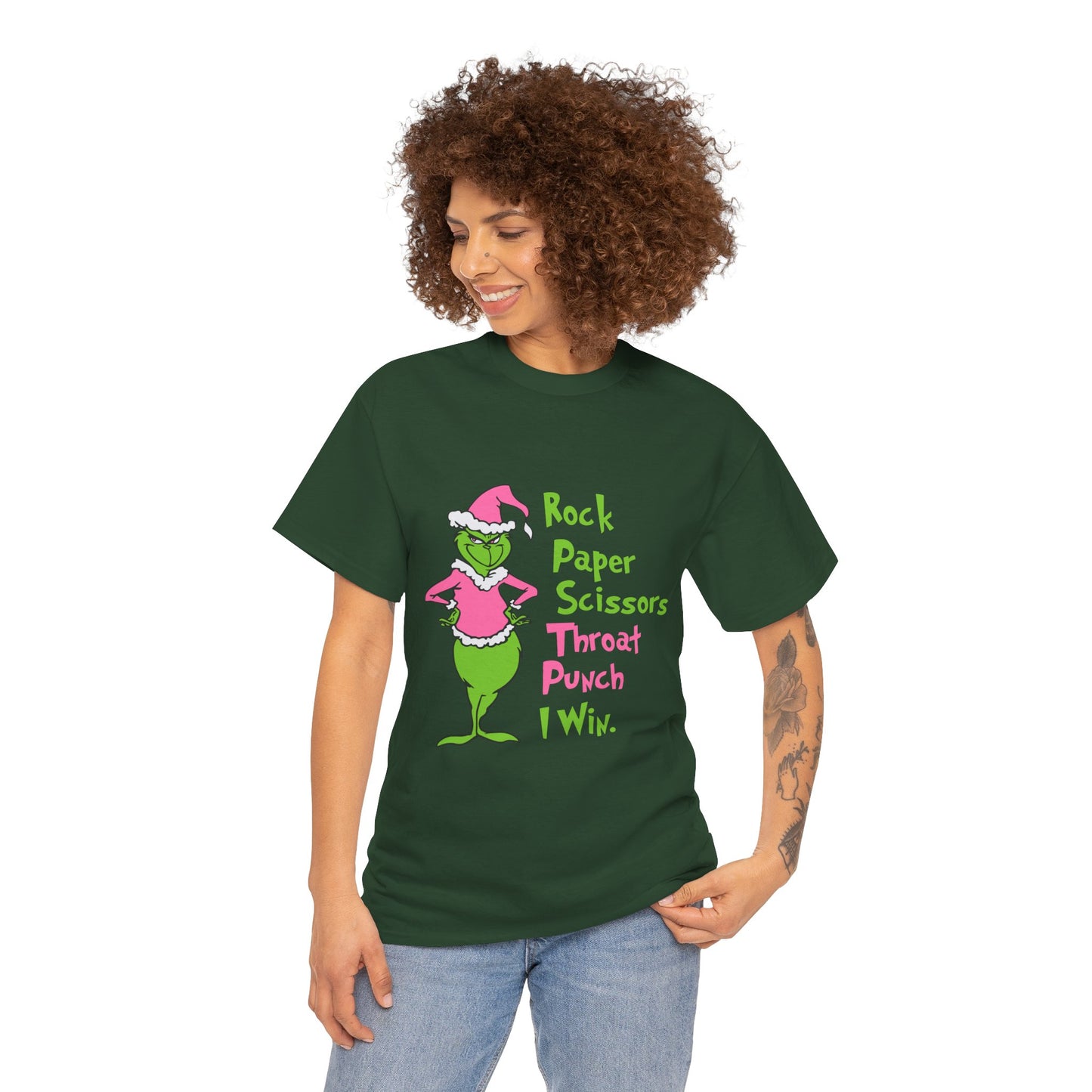 Rock Paper Scissors Throat Punch I Win Funny Christmas Grinch-Inspired Holiday Tee – Sarcastic Pink Santa Unisex Heavy Cotton T-Shirt