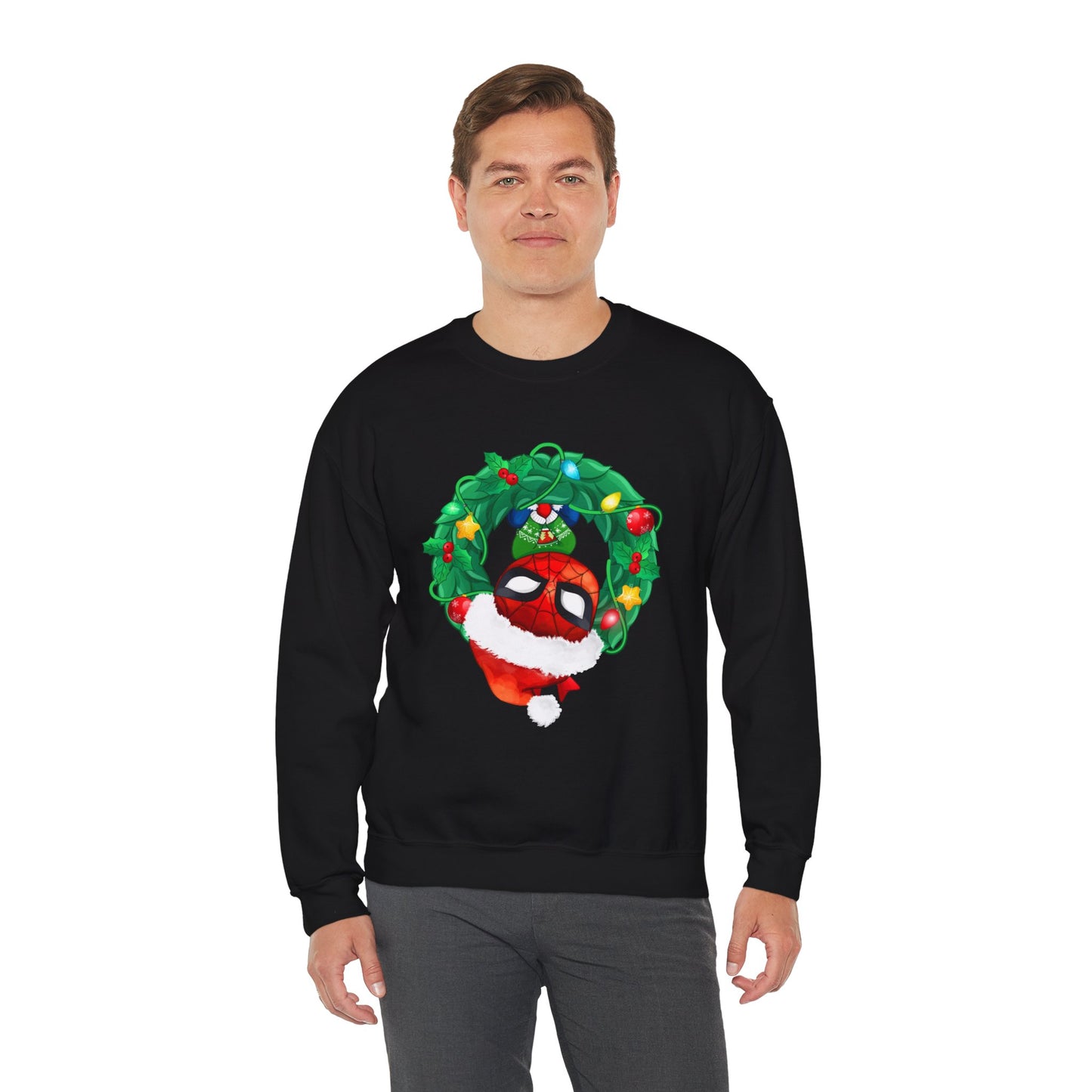 Spidey Wreath Christmas Sweatshirt – Superhero Holiday Lights Festive Unisex Heavy Blend Crewneck
