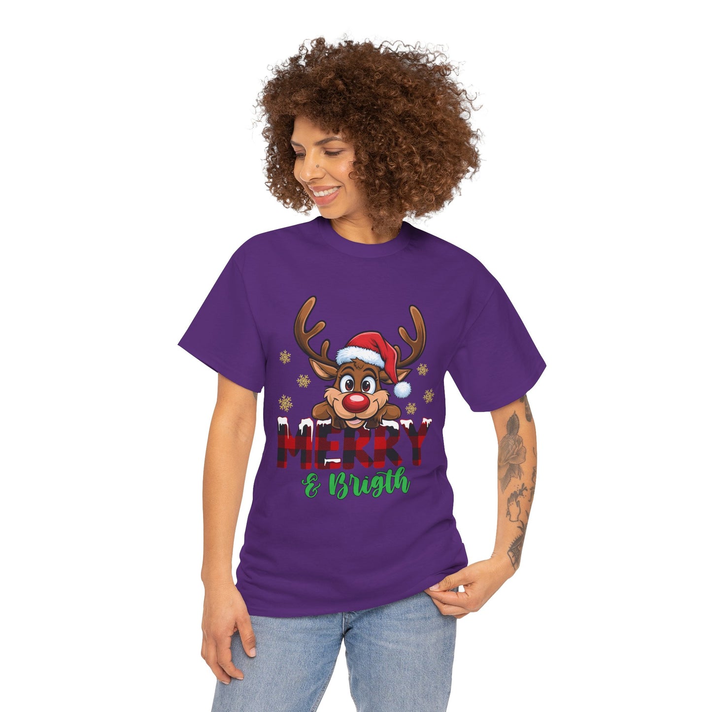 Merry & Bright Unisex Heavy Cotton T-Shirt – Cute Christmas Reindeer Holiday Tee