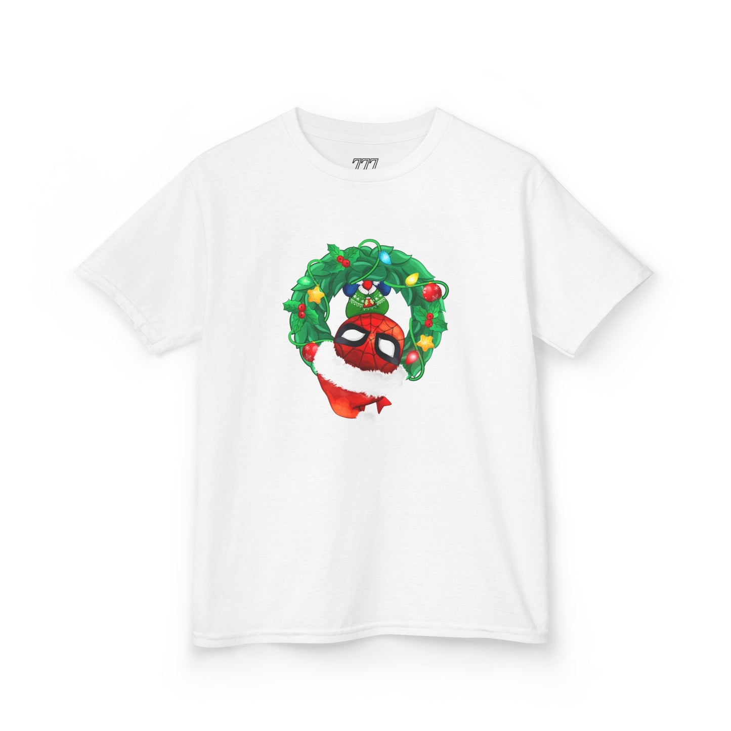 Spidey Wreath Kids Christmas Tee – Superhero Holiday Shirt for Kids Heavy Cotton T-Shirt