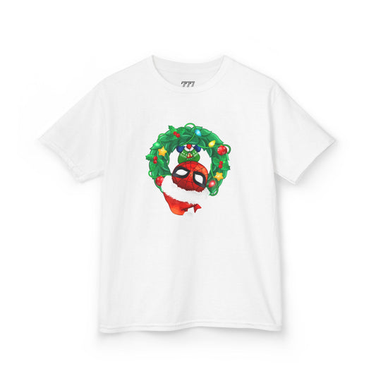Spidey Wreath Kids Christmas Tee – Superhero Holiday Shirt for Kids Heavy Cotton T-Shirt