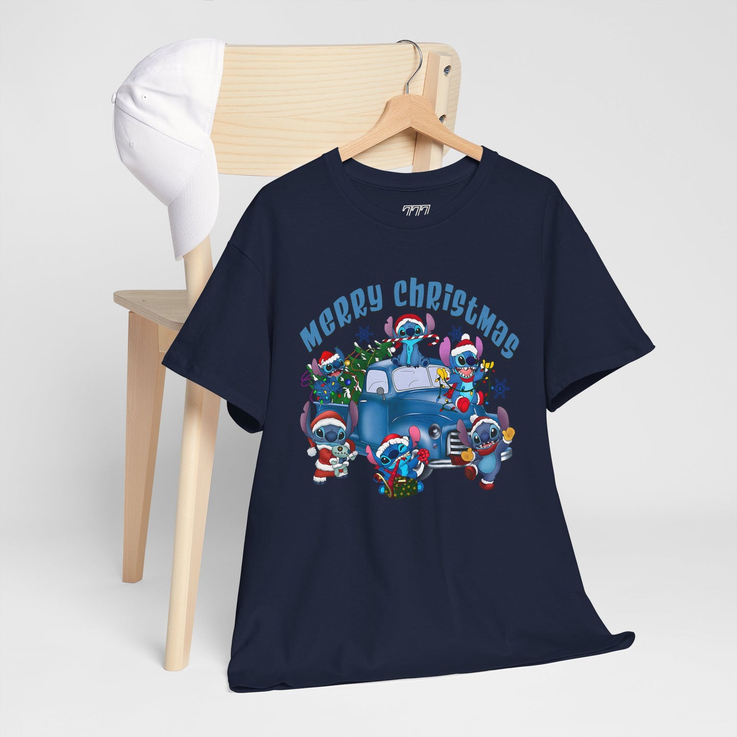 Merry Christmas Unisex Heavy Cotton T-Shirt – Blue Christmas Truck & Cute Holiday Characters Tee