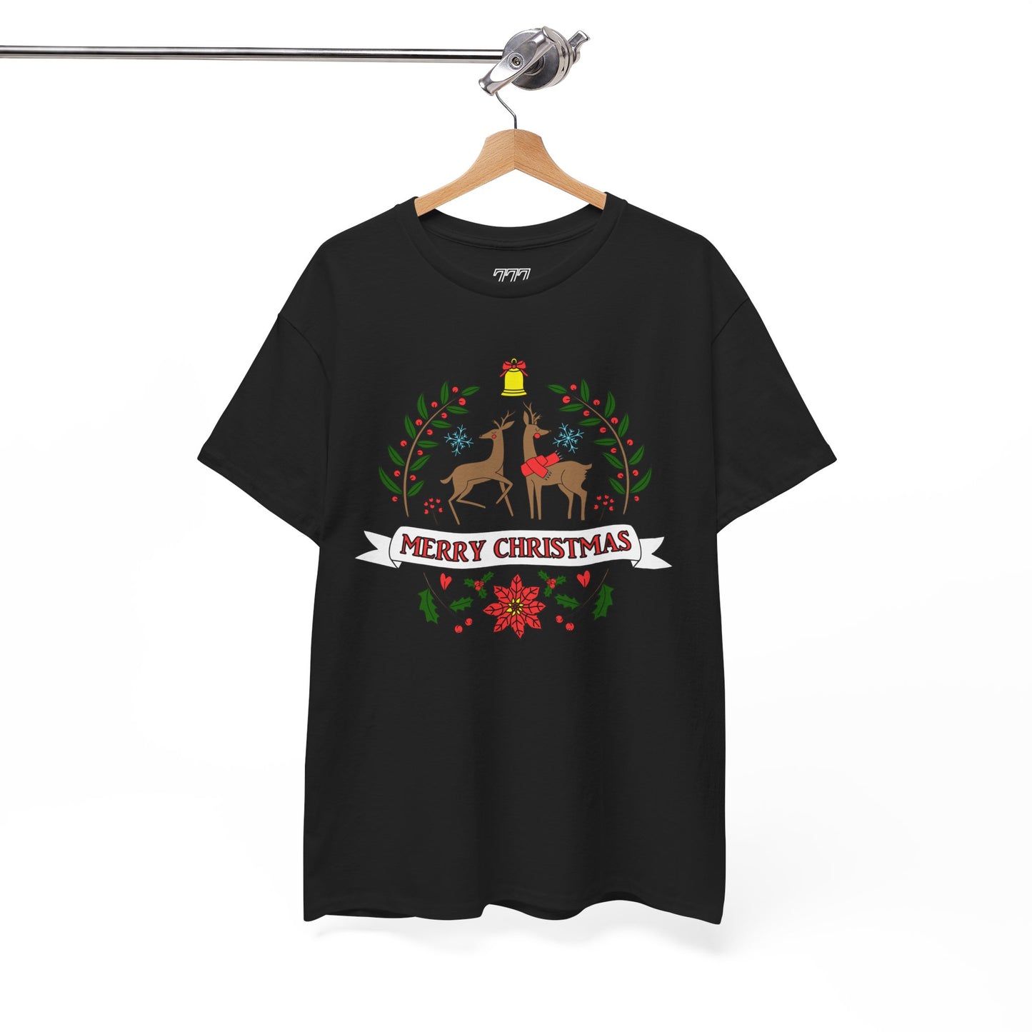 Merry Christmas Reindeer T-Shirt – Classic Holiday Laurel & Poinsettia Tee (Unisex)