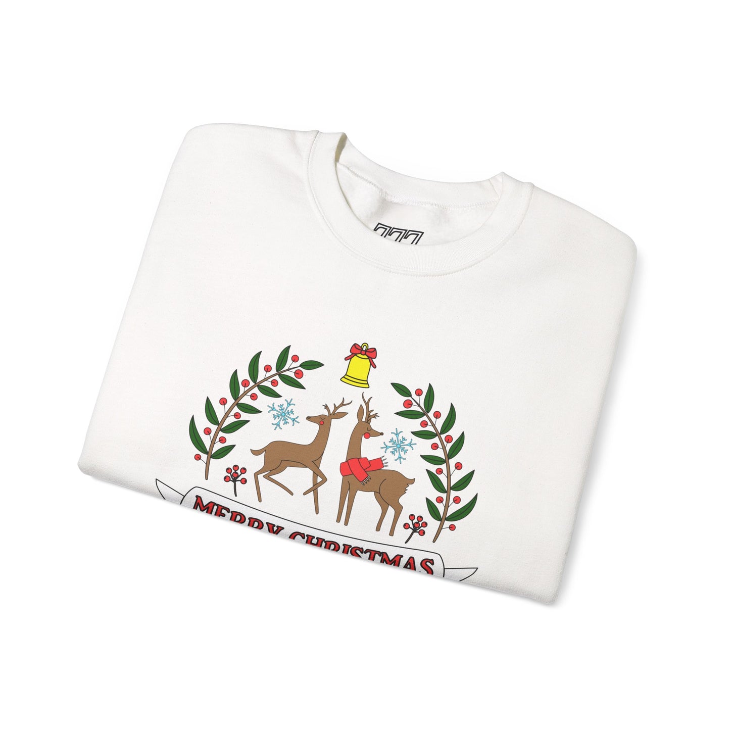 Merry Christmas Reindeer Crewneck – Classic Holiday Laurel & Poinsettia Sweatshirt (Unisex)