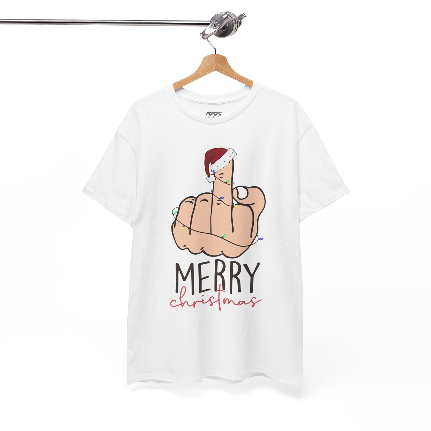 Merry Christmas Middle Finger Funny Adult Holiday Tee – Sarcastic Santa Joke Unisex Heavy Cotton T-Shirt