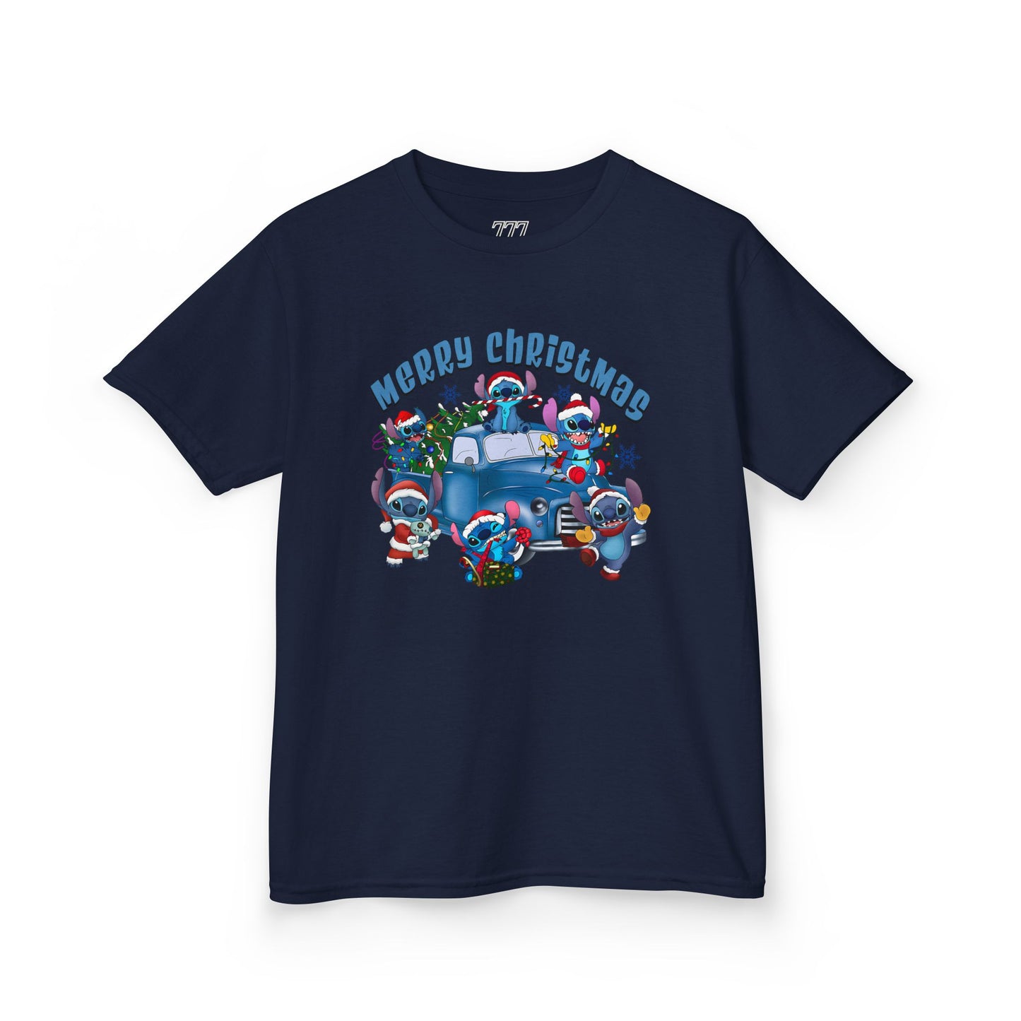 Merry Christmas Kids T-Shirt – Cute Blue Holiday Characters & Christmas Truck Tee