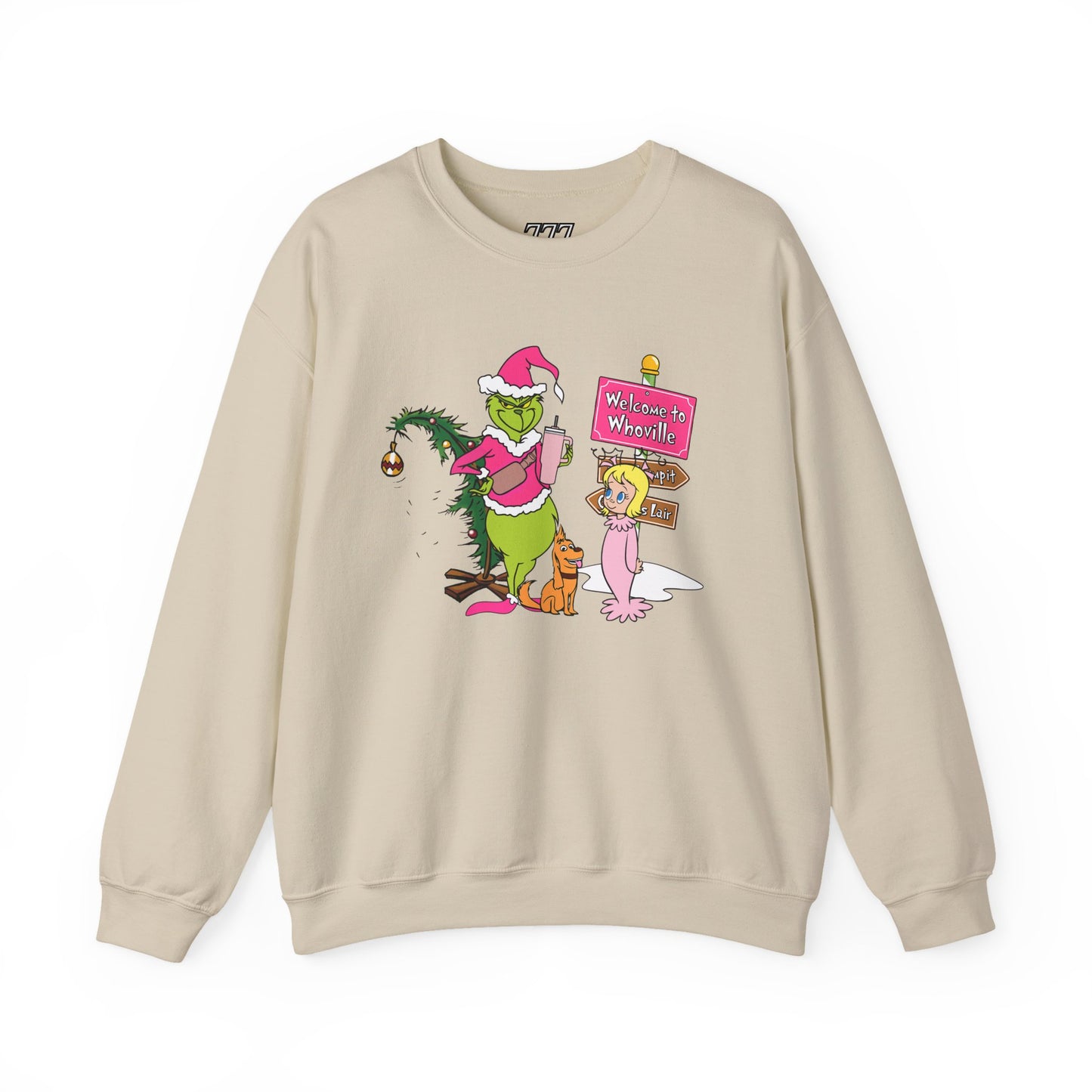 Welcome to Merryville Christmas Crewneck – Cute Green Creature & Winter Village Sweatshirt (Unisex)