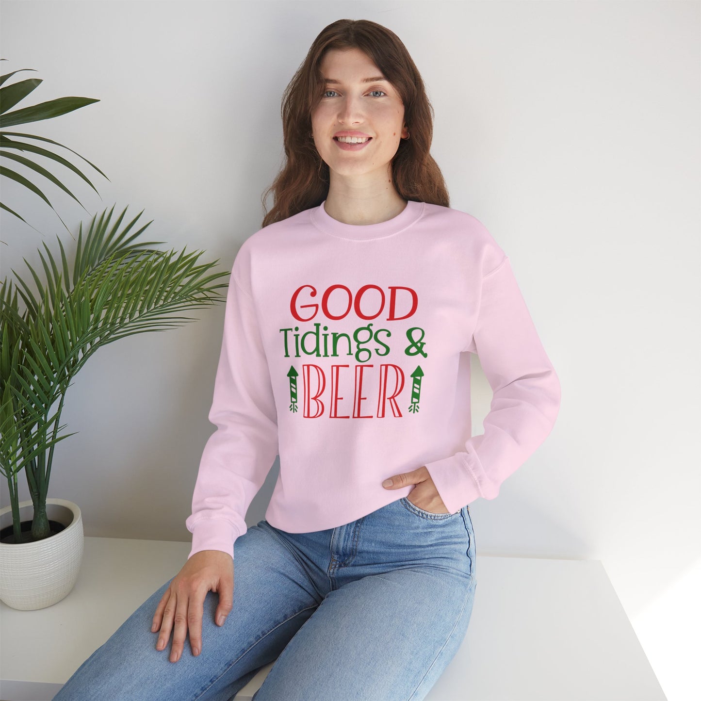 Good Tidings & Beer Sweatshirt – Funny Christmas Drinking Unisex Heavy Blend Crewneck