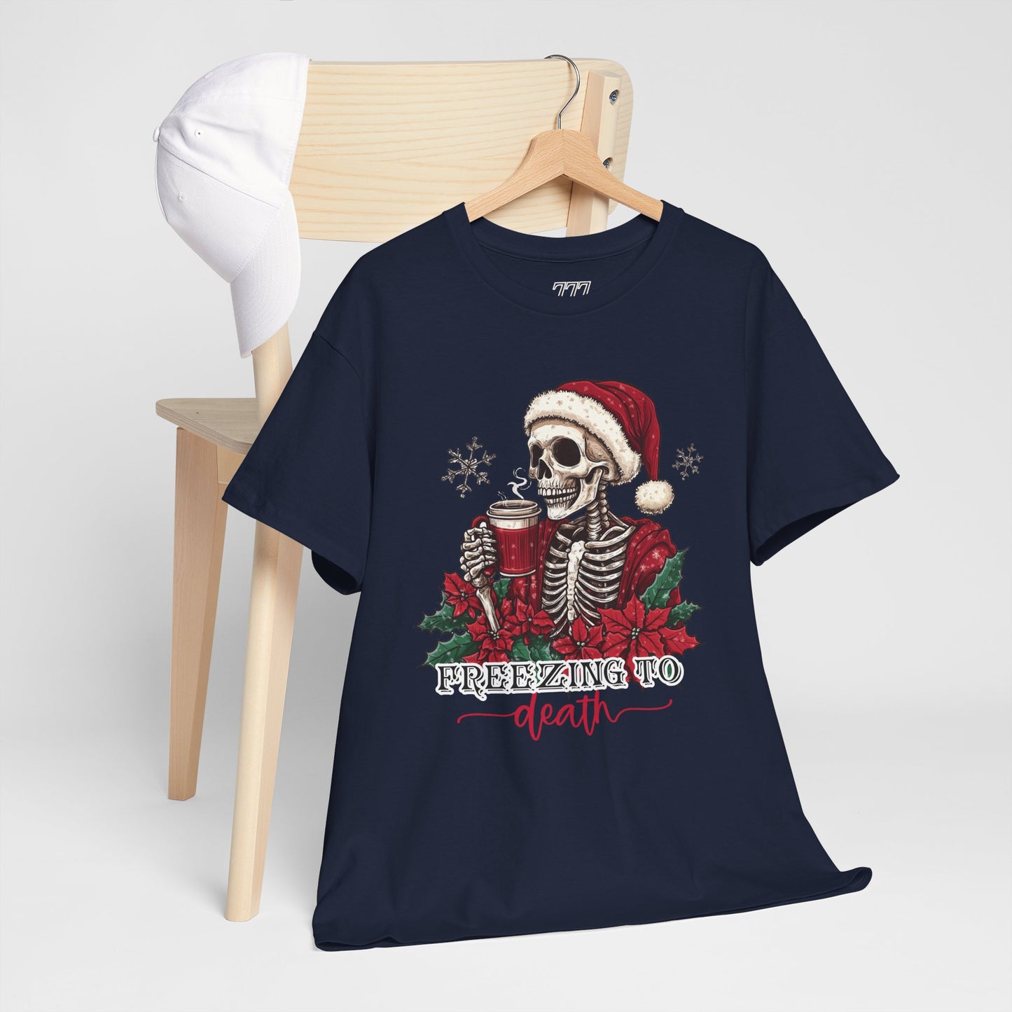 Freezing To Death Skeleton Christmas Tee – Funny Holiday Unisex Heavy Cotton T-Shirt, Winter Coffee Xmas Shirt