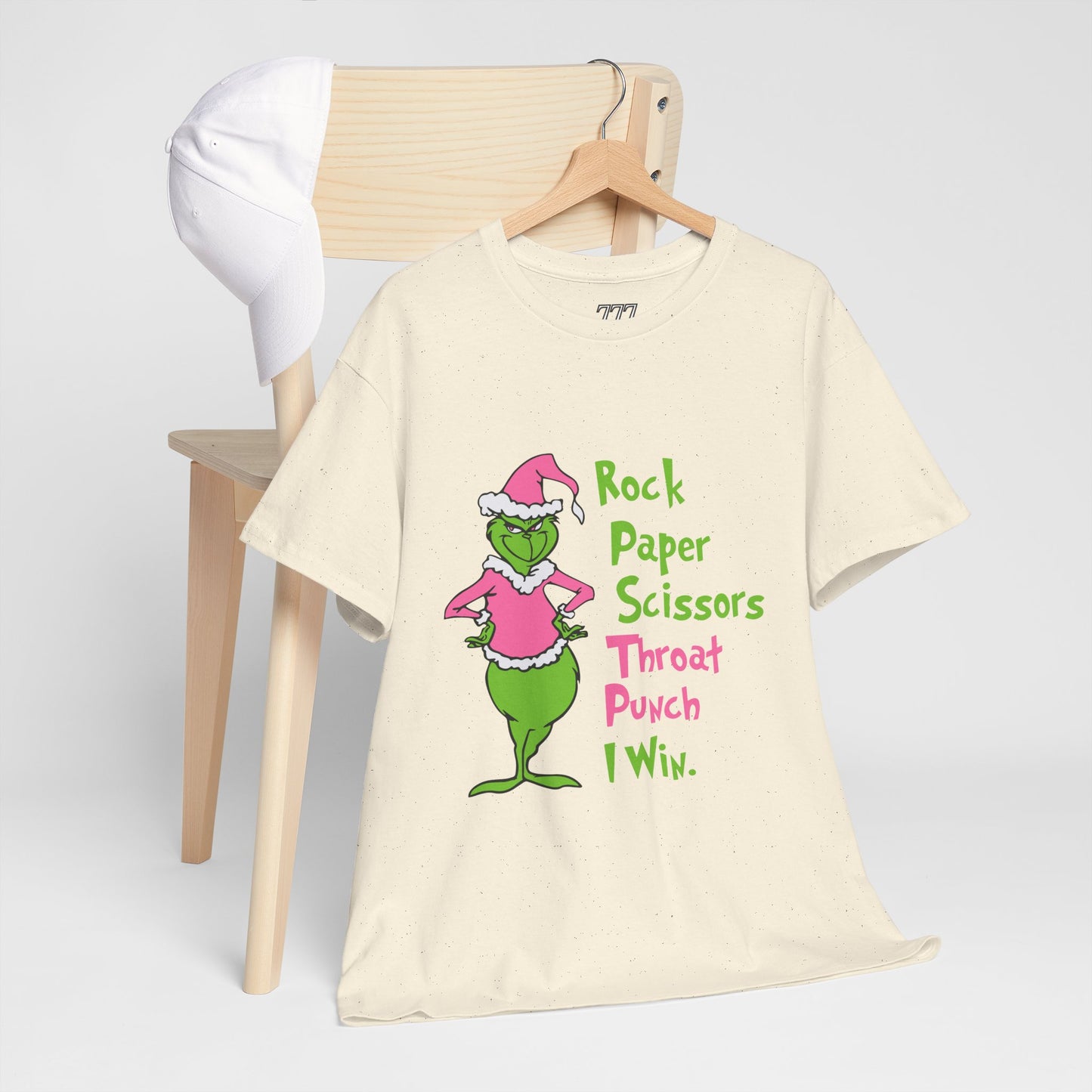 Rock Paper Scissors Throat Punch I Win Funny Christmas Grinch-Inspired Holiday Tee – Sarcastic Pink Santa Unisex Heavy Cotton T-Shirt