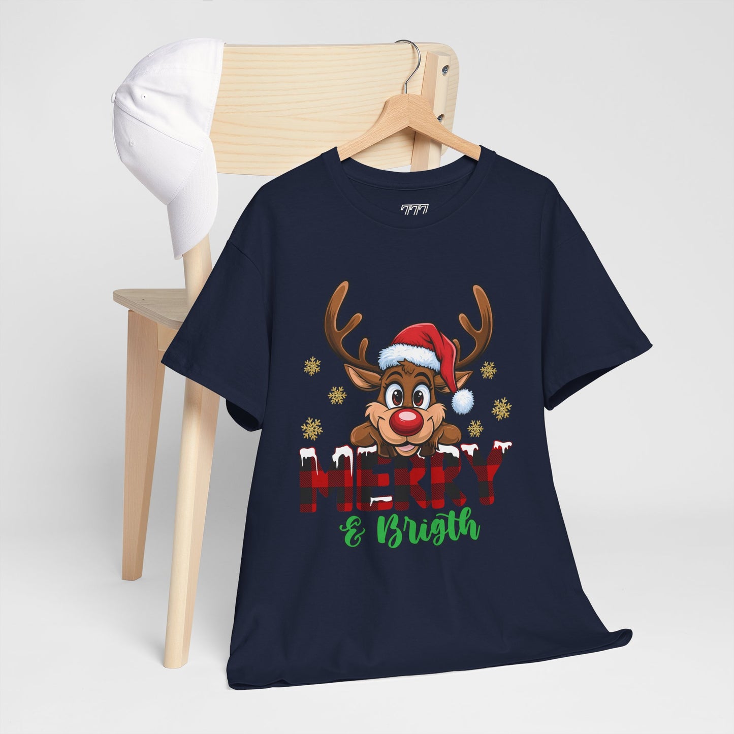 Merry & Bright Unisex Heavy Cotton T-Shirt – Cute Christmas Reindeer Holiday Tee