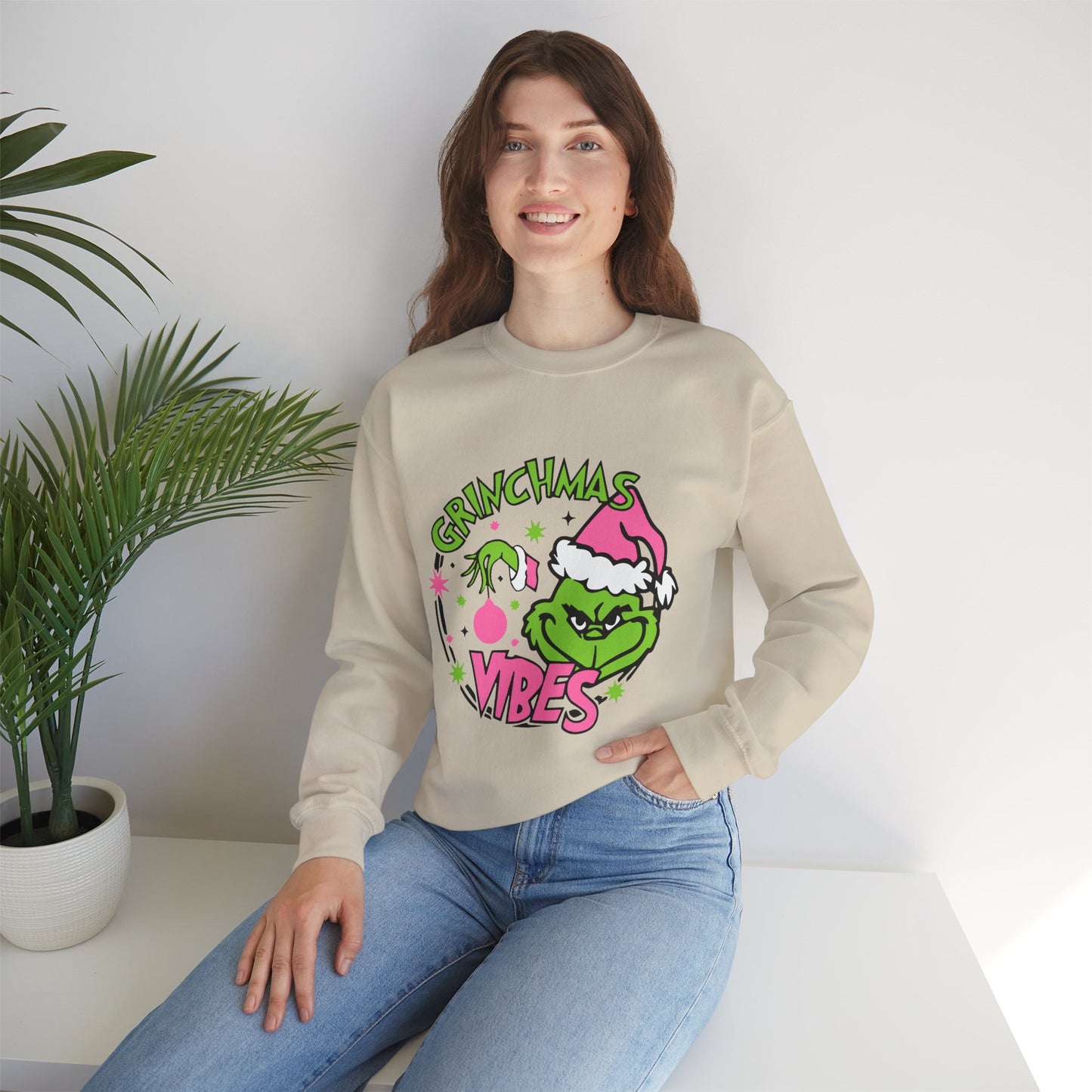Grinchmas Vibes Funny Christmas Grinch-Inspired Holiday Sweatshirt – Pink Santa Festive Unisex Heavy Blend Crewneck