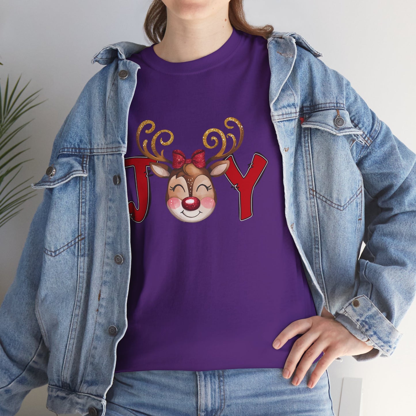 Reindeer Joy Women’s Christmas T-Shirt – Cute Holiday Reindeer Face Heavy Cotton Tee
