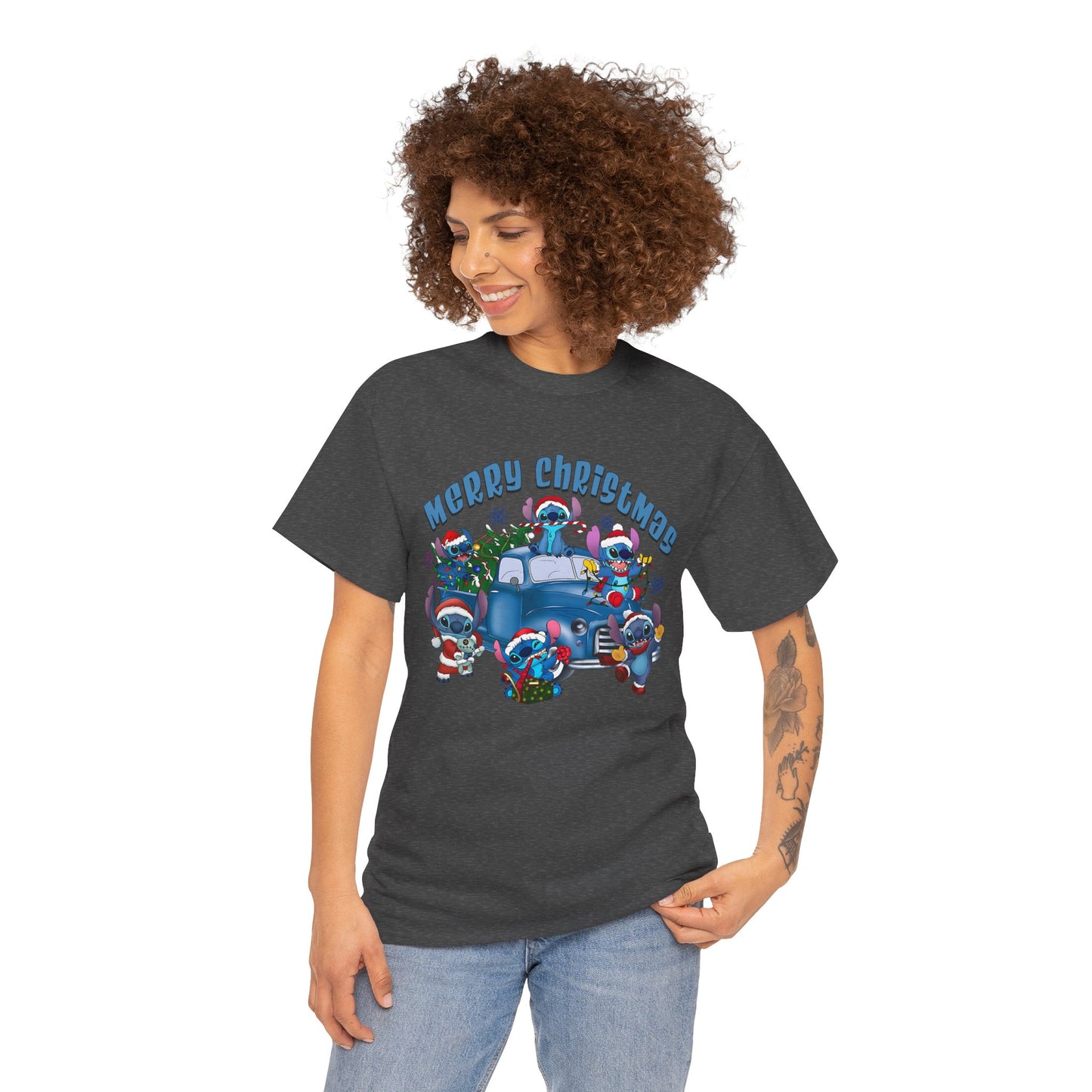 Merry Christmas Unisex Heavy Cotton T-Shirt – Blue Christmas Truck & Cute Holiday Characters Tee