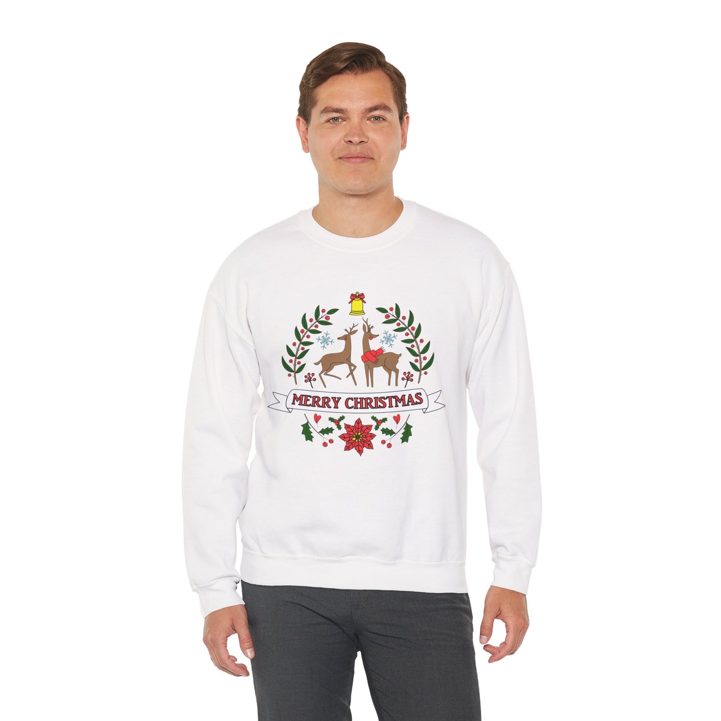 Merry Christmas Reindeer Crewneck – Classic Holiday Laurel & Poinsettia Sweatshirt (Unisex)