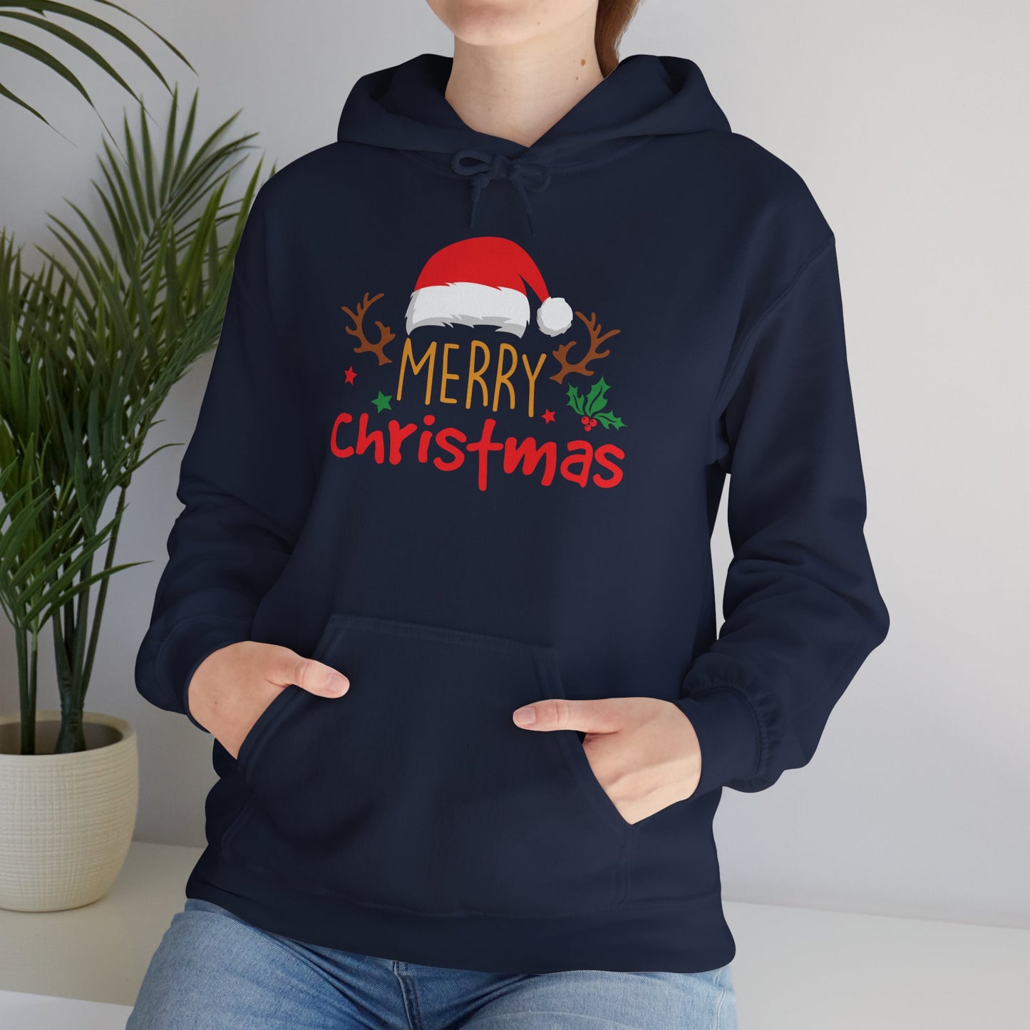 Merry Christmas Reindeer Hoodie – Santa Hat Holiday Unisex Sweatshirt, Festive Xmas Pullover