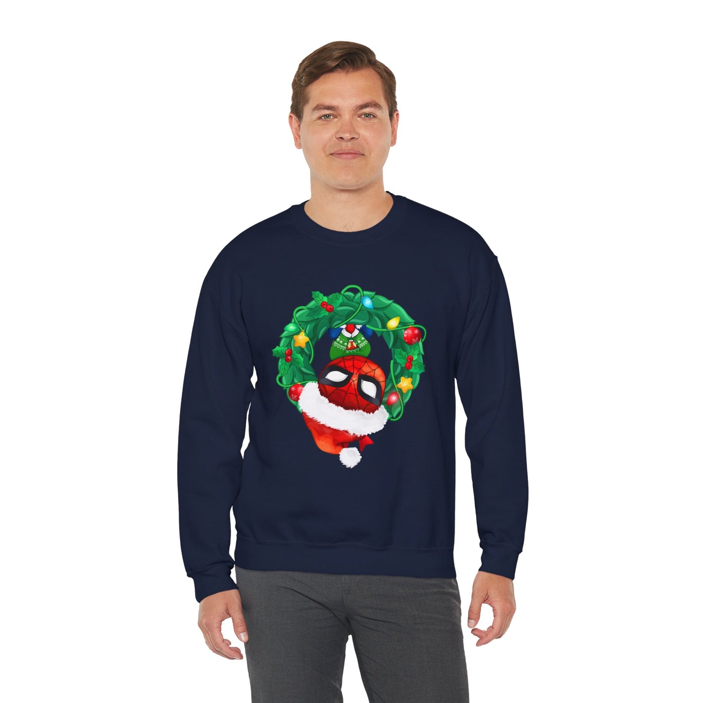 Spidey Wreath Christmas Sweatshirt – Superhero Holiday Lights Festive Unisex Heavy Blend Crewneck