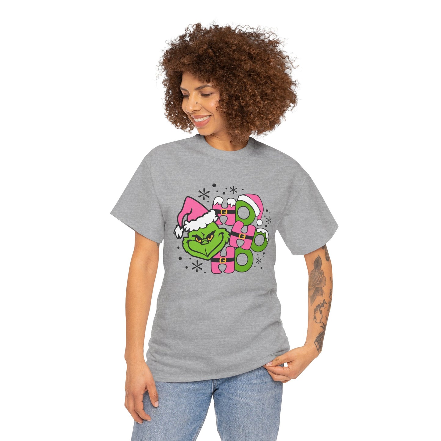 HO HO HO Funny Christmas Grinch-Inspired Holiday Tee – Cute Pink Santa Unisex Heavy Cotton T-Shirt