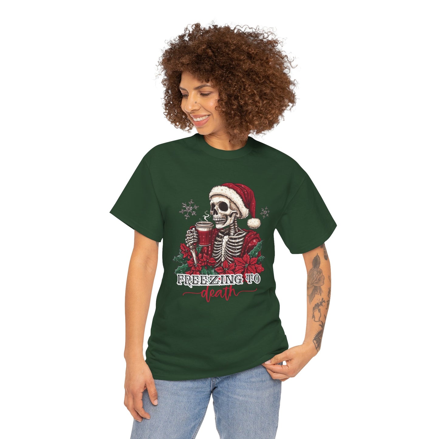 Freezing To Death Skeleton Christmas Tee – Funny Holiday Unisex Heavy Cotton T-Shirt, Winter Coffee Xmas Shirt