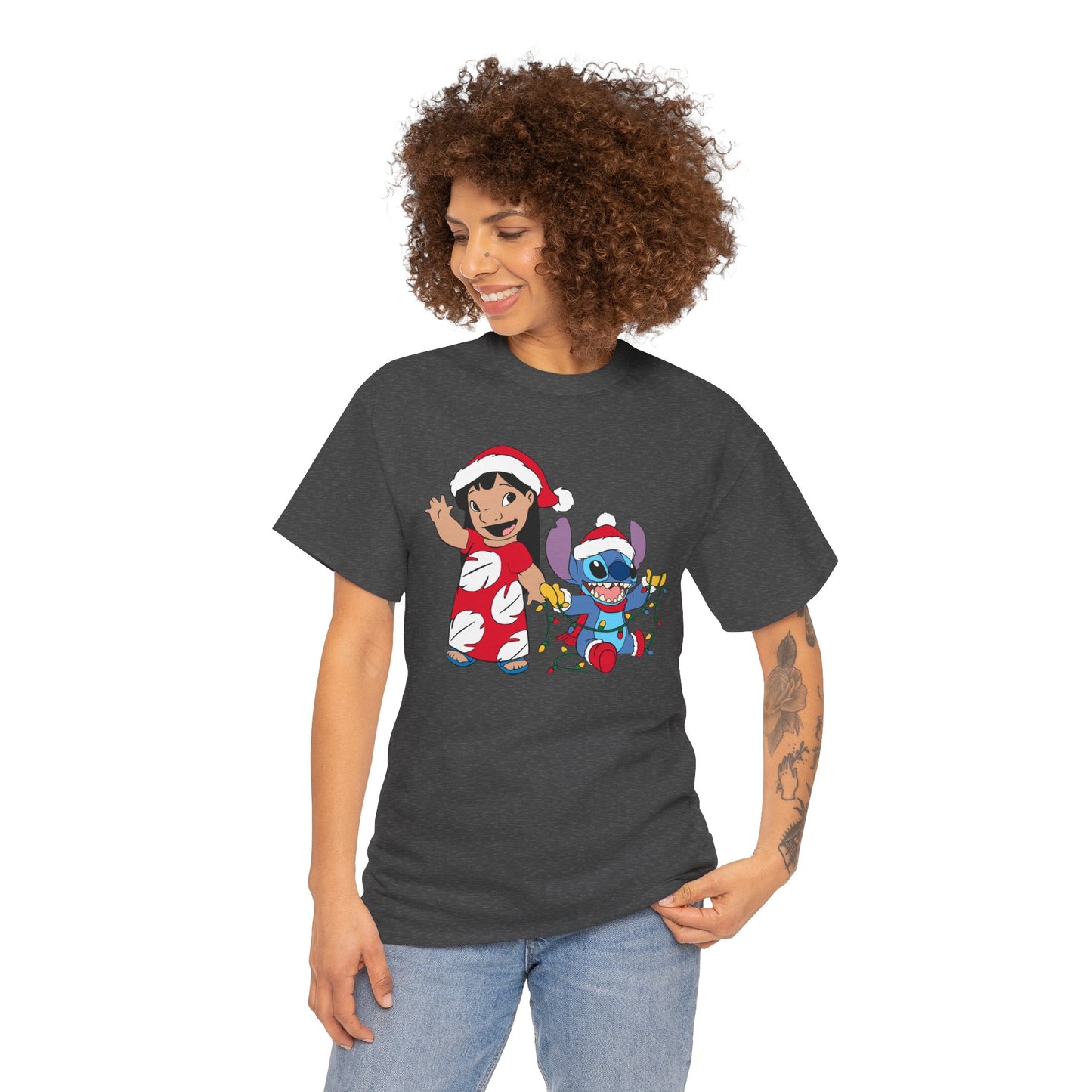 Island Holiday Duo T-Shirt – Festive Blue Alien & Girl Graphic Tee