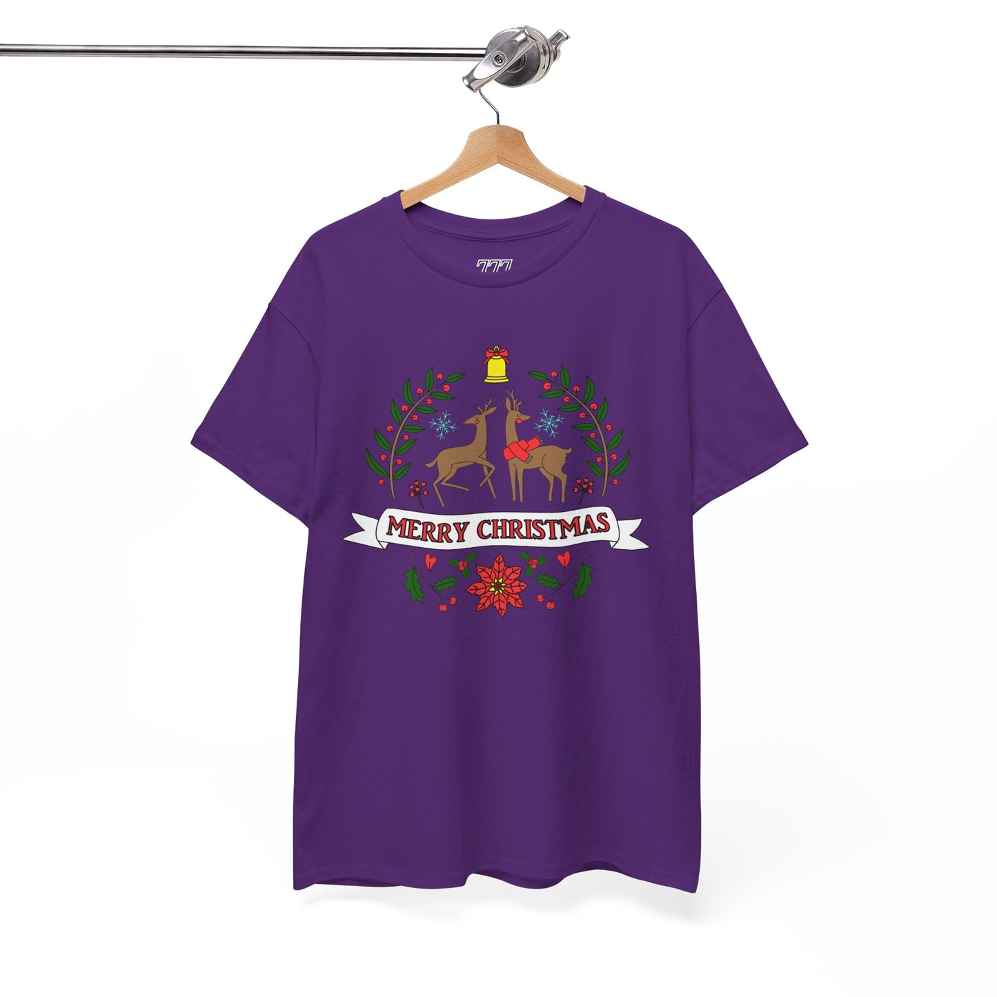 Merry Christmas Reindeer T-Shirt – Classic Holiday Laurel & Poinsettia Tee (Unisex)