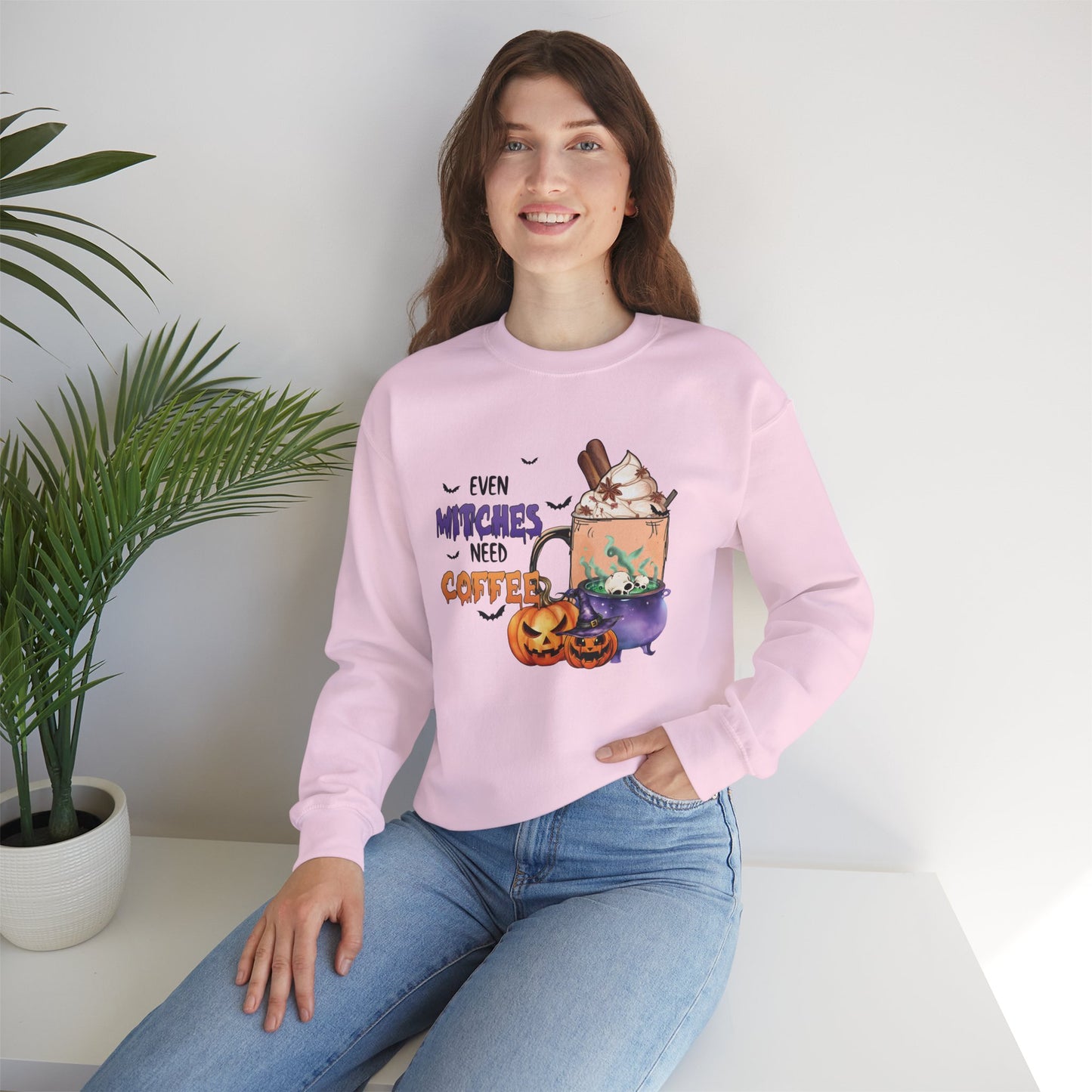 Even Witches Need Coffee Women’s Heavy Blend Crewneck Sweatshirt