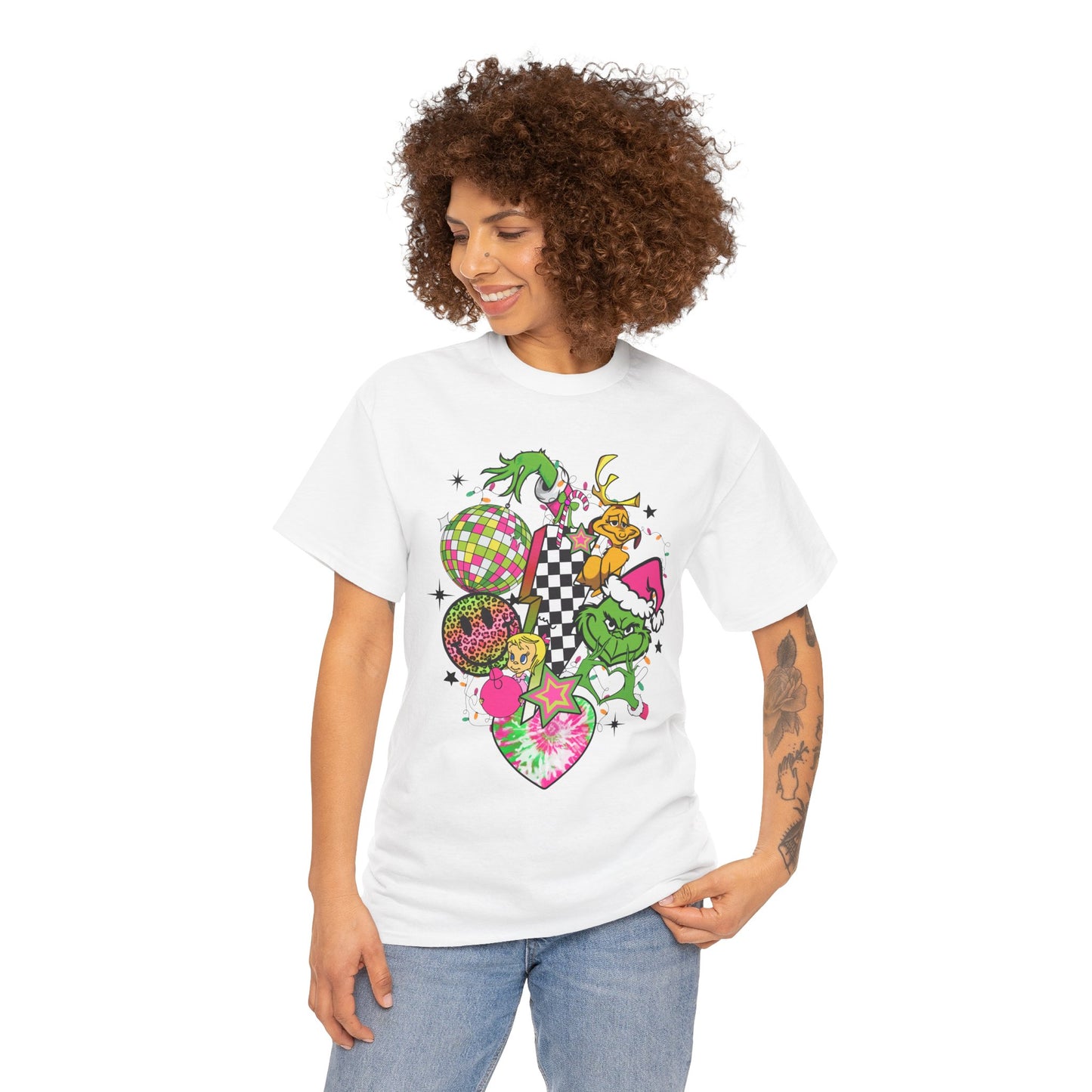 Grinchy Bell Christmas T-Shirt – Neon Holiday Hearts & Grumpy Green Vibes Tee (Unisex)