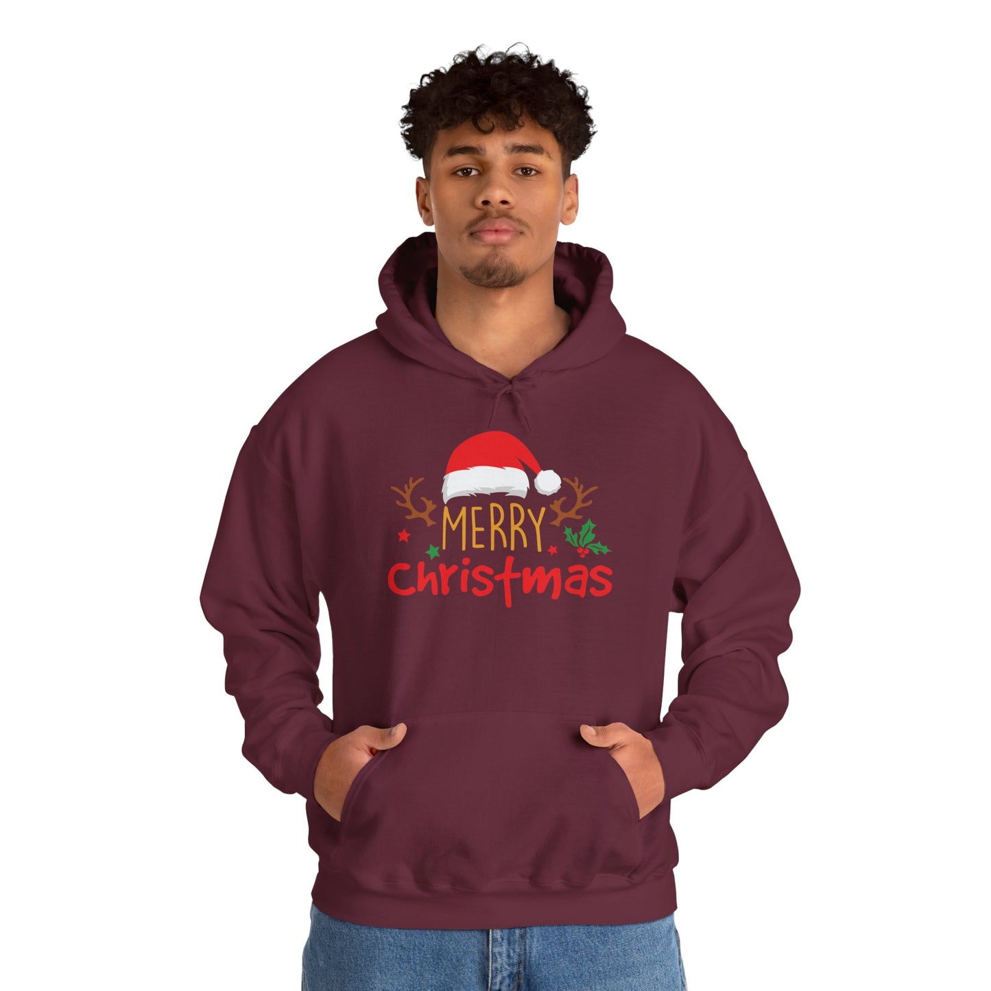 Merry Christmas Reindeer Hoodie – Santa Hat Holiday Unisex Sweatshirt, Festive Xmas Pullover