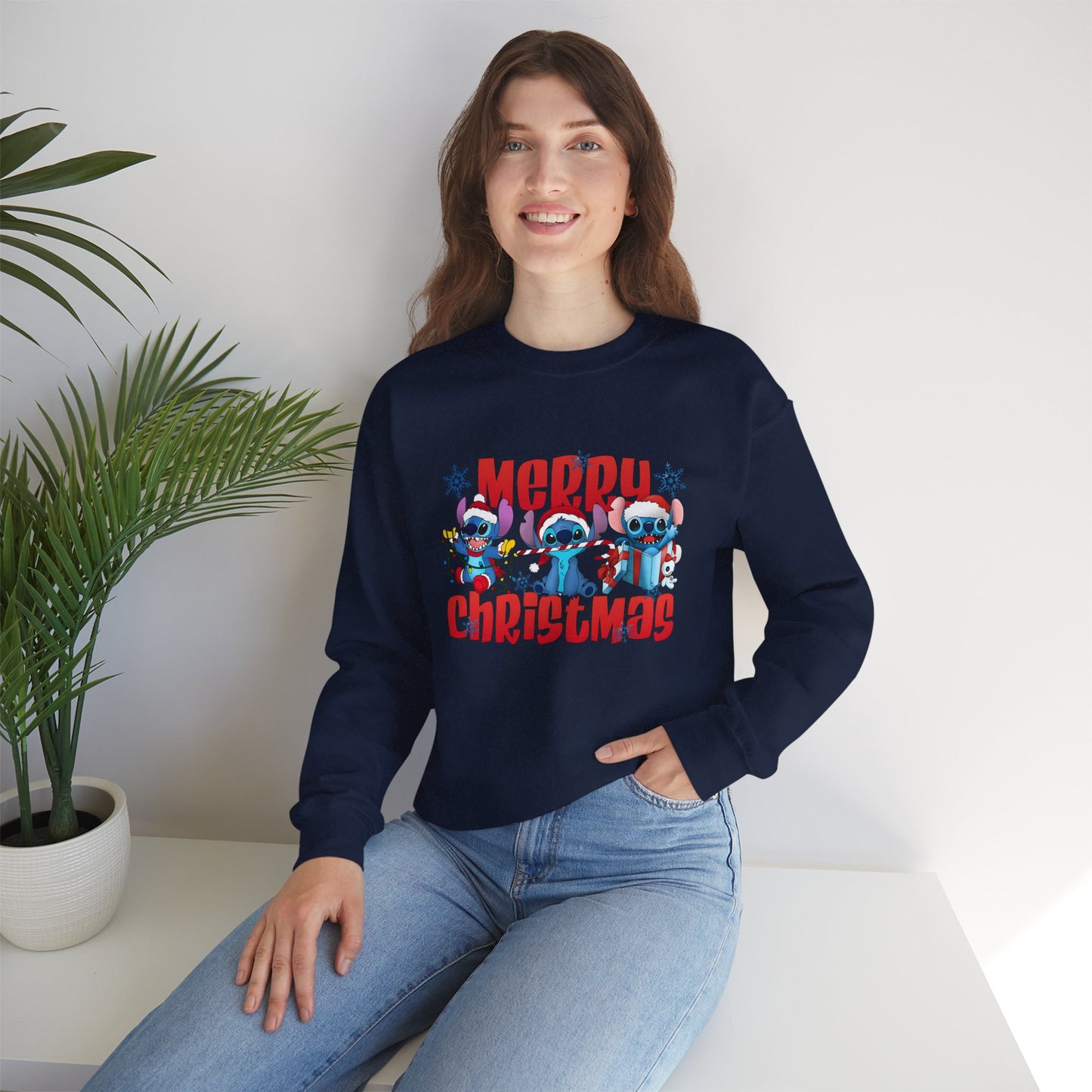 Merry Christmas Unisex Heavy Blend Crewneck Sweatshirt – Cute Blue Holiday Characters Sweater