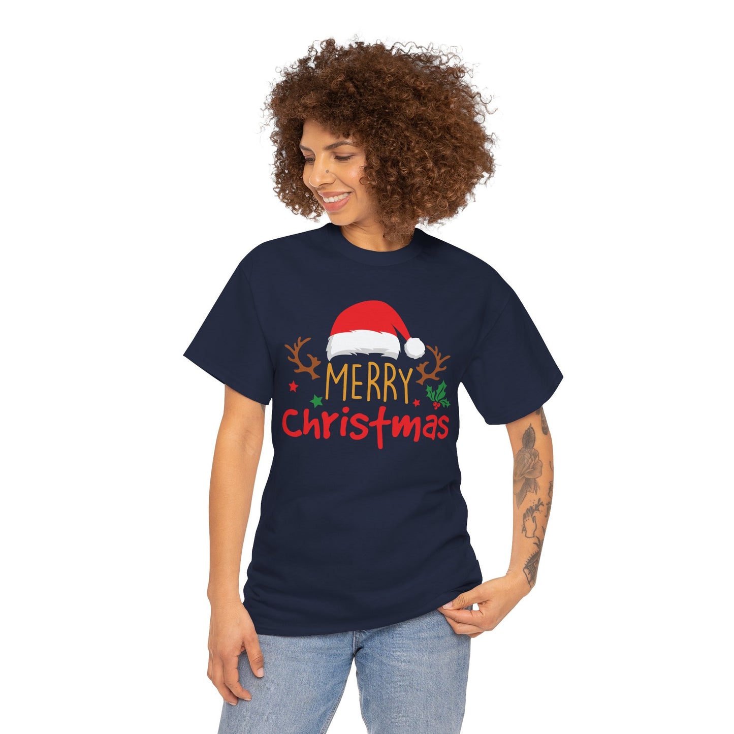 Merry Christmas Reindeer Unisex T-Shirt – Santa Hat Holiday Graphic Tee, Festive Xmas Shirt