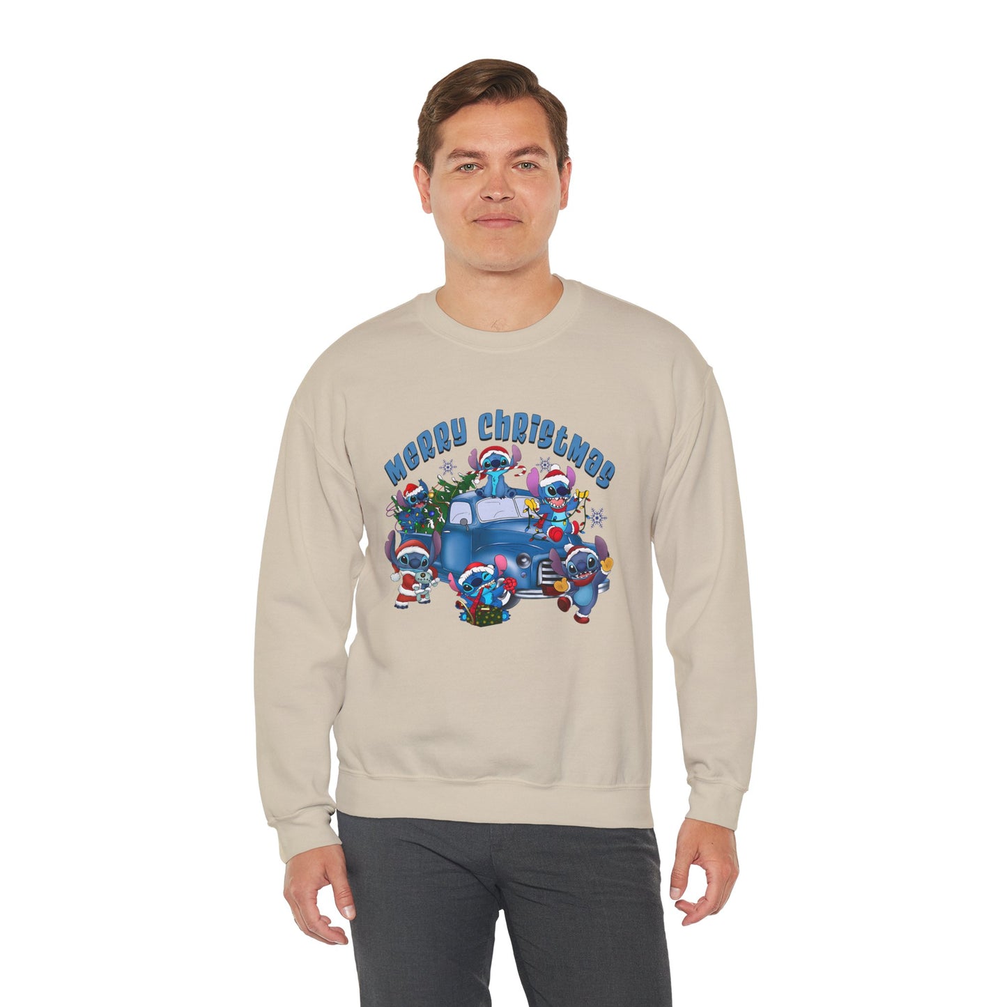Merry Christmas Unisex Heavy Blend Crewneck Sweatshirt – Blue Christmas Truck & Cute Holiday Characters Sweater