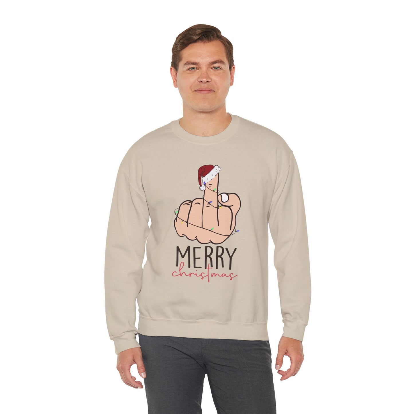 Merry Christmas Middle Finger Funny Adult Holiday Sweatshirt – Sarcastic Santa Joke Unisex Heavy Blend Crewneck