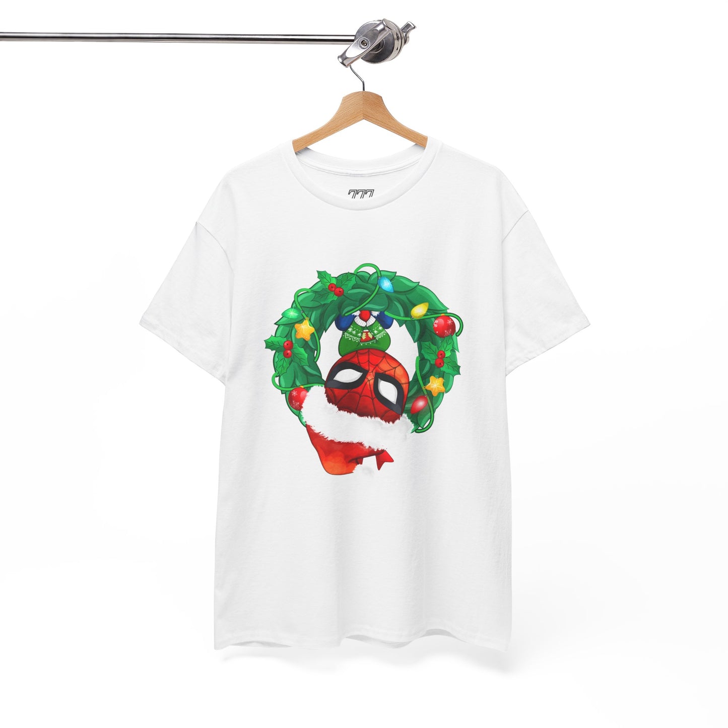 Spidey Wreath Christmas Tee – Superhero Holiday Lights Festive Unisex Heavy Cotton T-Shirt