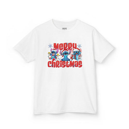 Merry Christmas Kids T-Shirt – Cute Blue Holiday Characters Heavy Cotton Tee