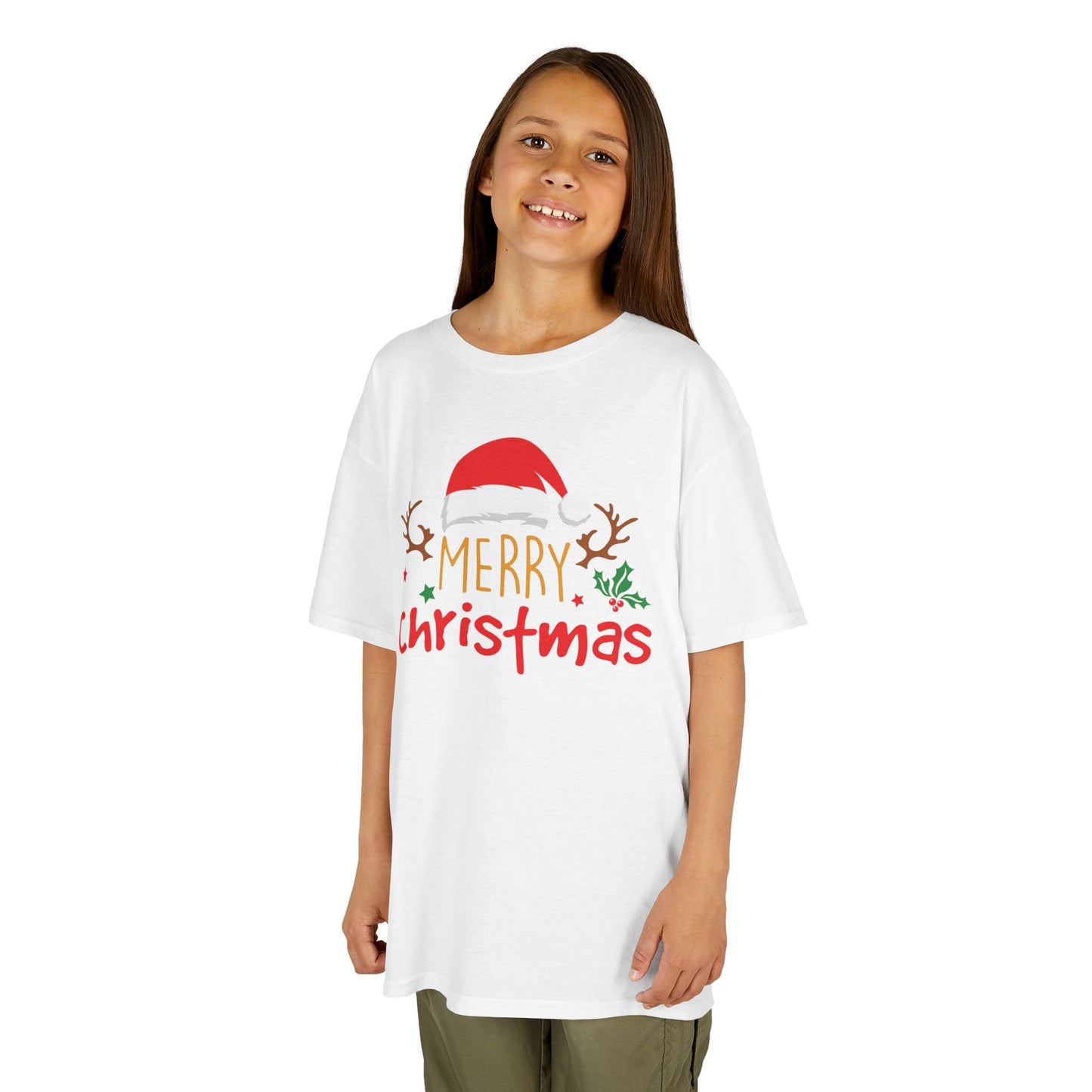 Merry Christmas Reindeer Kids T-Shirt – Cute Holiday Santa Hat Xmas Graphic Tee