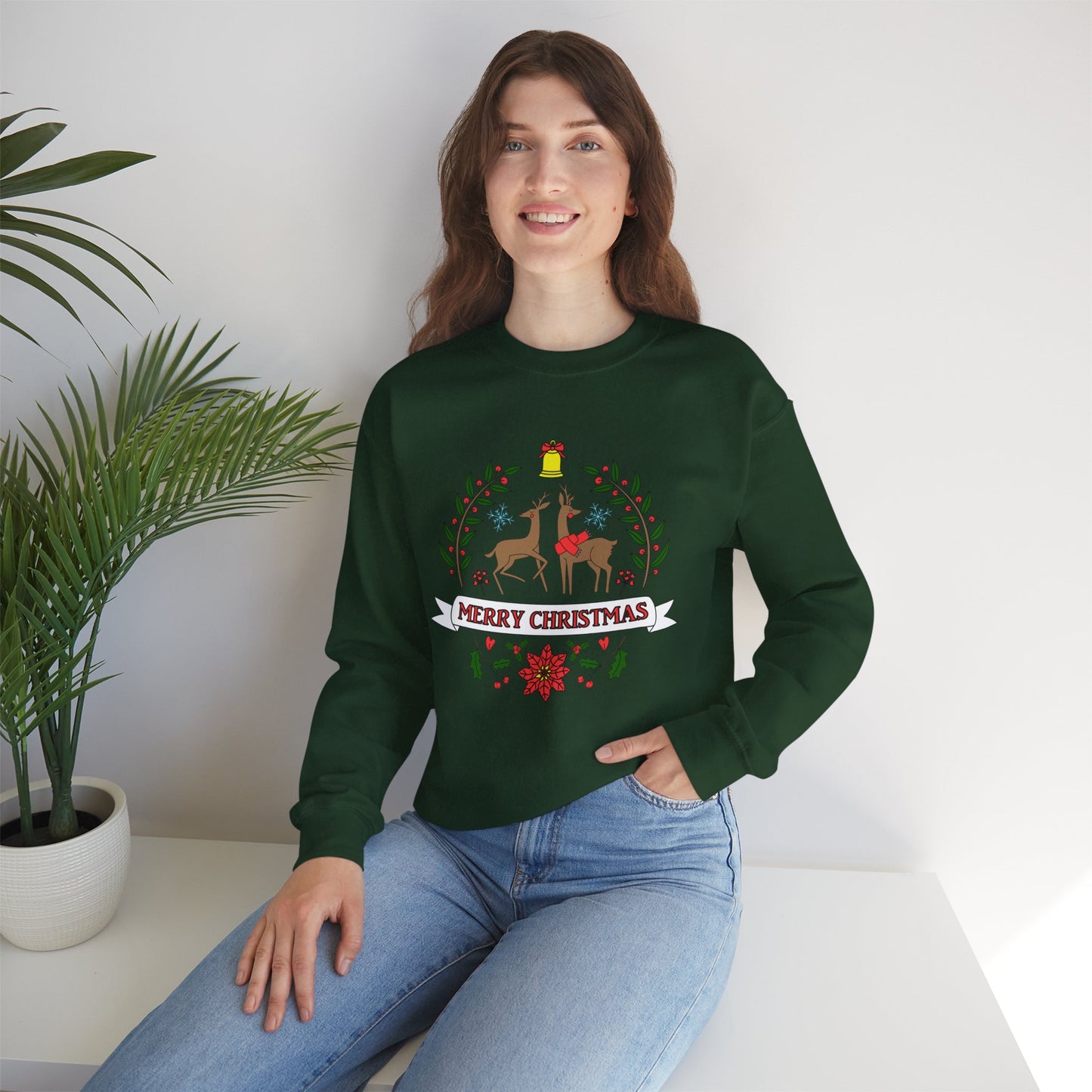 Merry Christmas Reindeer Crewneck – Classic Holiday Laurel & Poinsettia Sweatshirt (Unisex)
