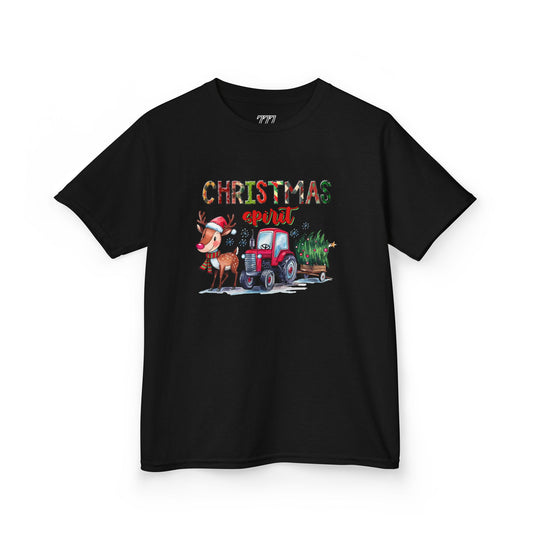 Christmas Spirit Kids T-Shirt – Cute Reindeer & Red Tractor Holiday Tee