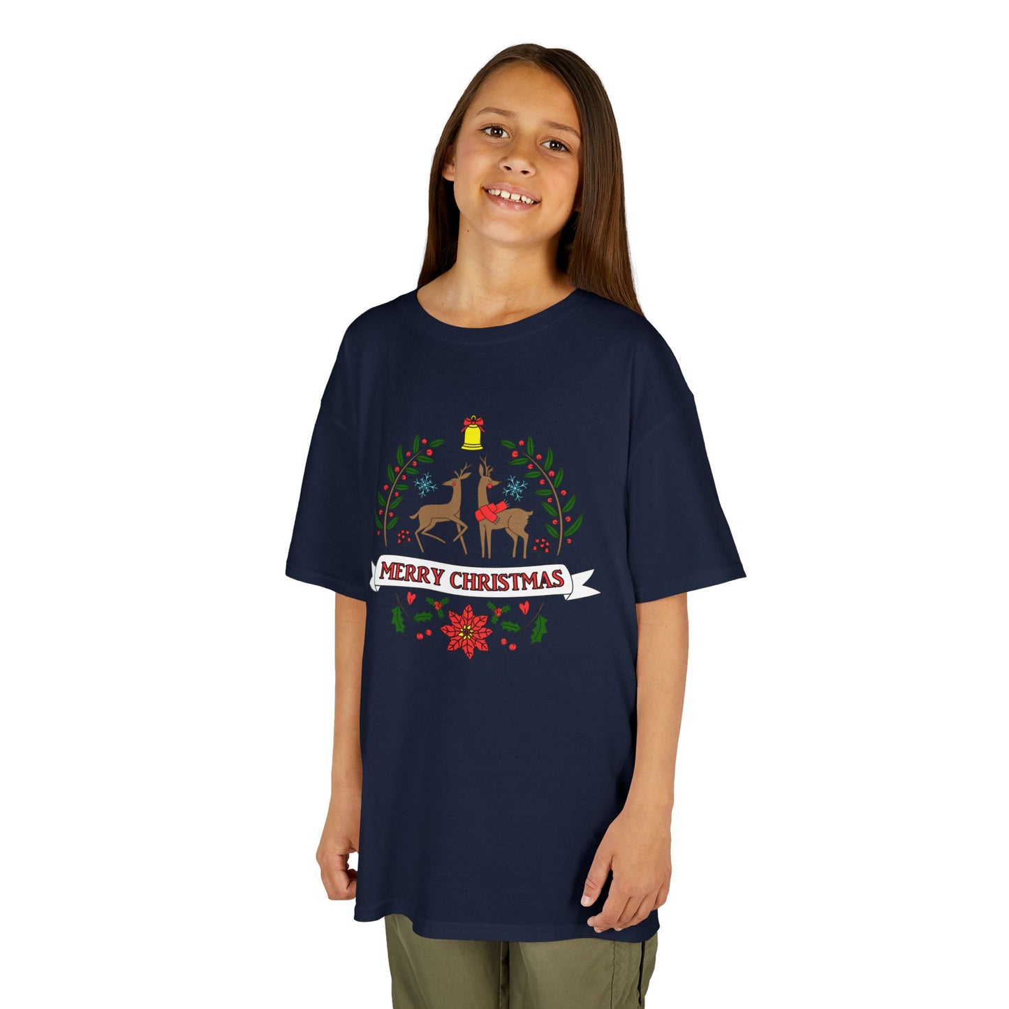 Merry Christmas Reindeer Kids T-Shirt – Cute Holiday Laurel & Poinsettia Tee