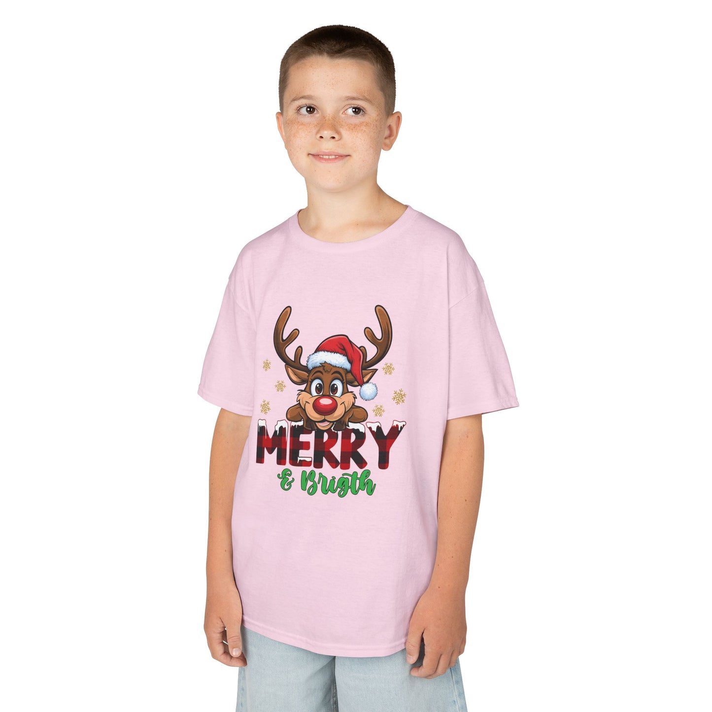 Merry & Bright Kids Christmas T-Shirt – Cute Reindeer Holiday Heavy Cotton Tee