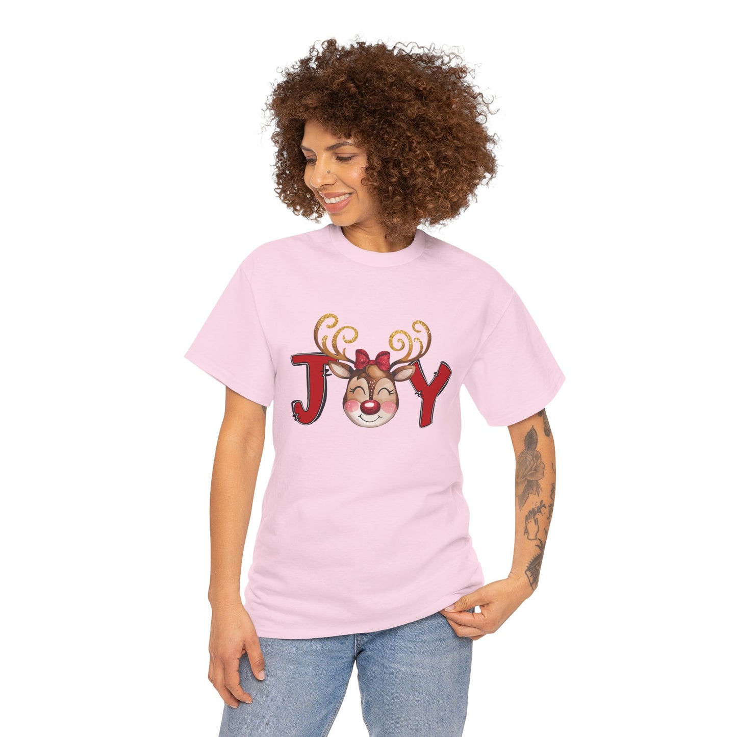 Reindeer Joy Women’s Christmas T-Shirt – Cute Holiday Reindeer Face Heavy Cotton Tee