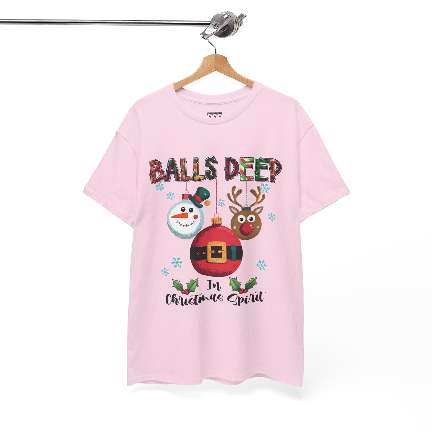 Balls Deep in Christmas Cheer Unisex Heavy Cotton T-Shirt – Funny Adult Holiday Snowman & Reindeer Tee