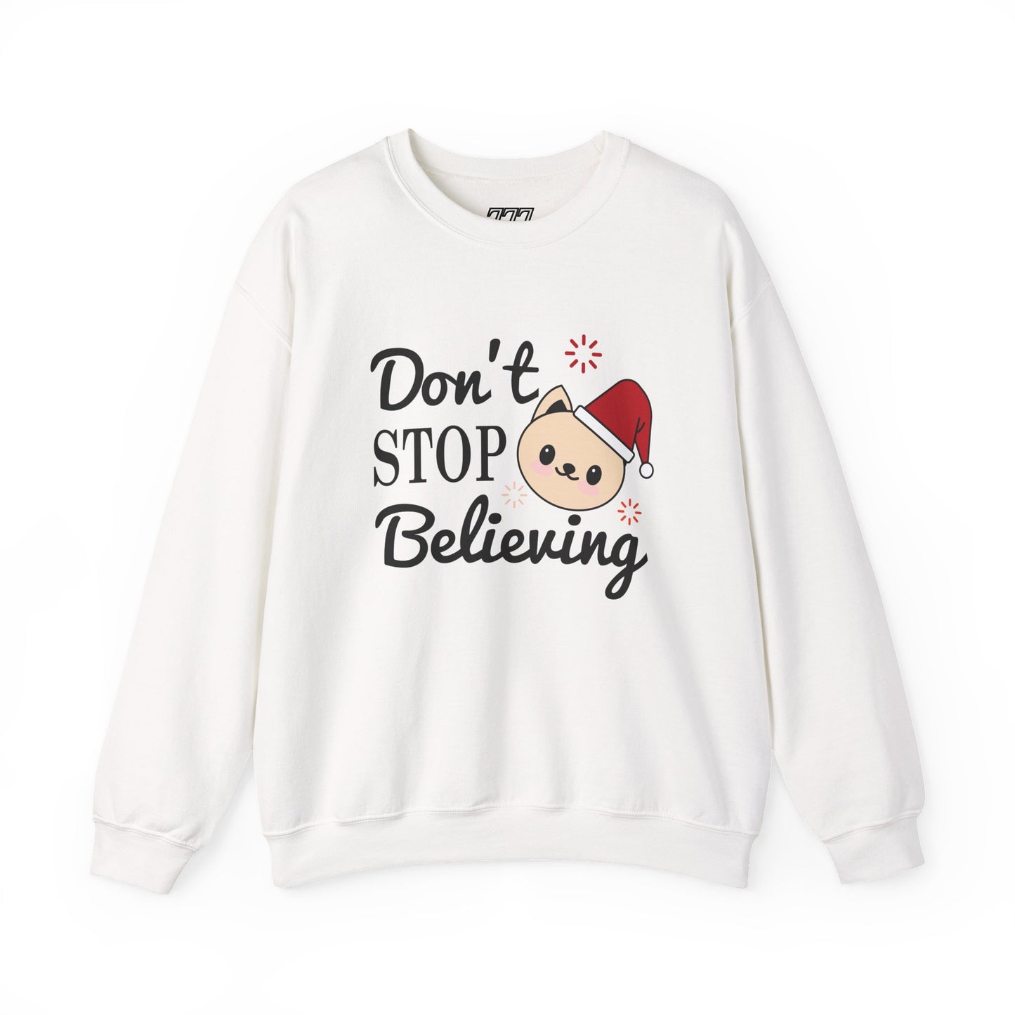 Don’t Stop Believing Christmas Crewneck – Cute Santa Cat Holiday Sweatshirt (Unisex)