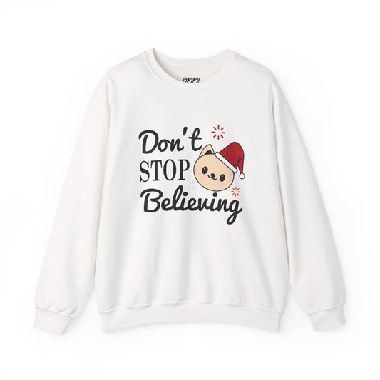 Don’t Stop Believing Christmas Crewneck – Cute Santa Cat Holiday Sweatshirt (Unisex)