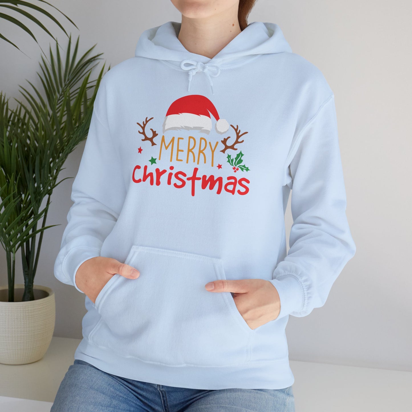 Merry Christmas Reindeer Hoodie – Santa Hat Holiday Unisex Sweatshirt, Festive Xmas Pullover