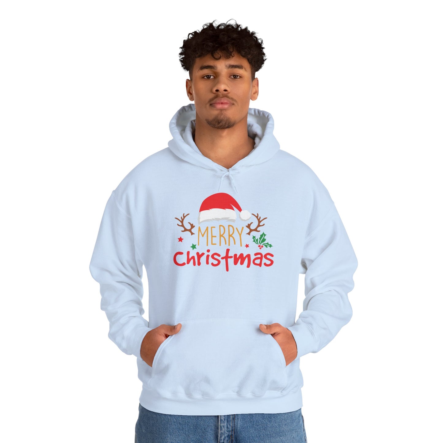 Merry Christmas Reindeer Hoodie – Santa Hat Holiday Unisex Sweatshirt, Festive Xmas Pullover