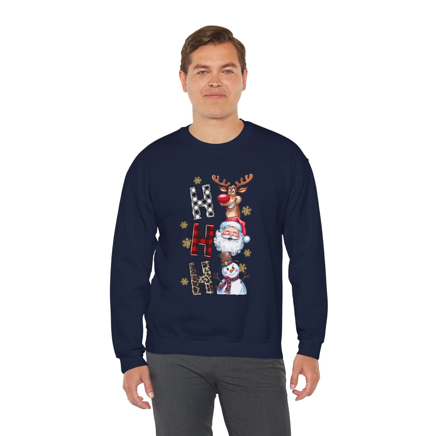 HO HO HO Christmas Unisex Heavy Blend Crewneck Sweatshirt – Santa, Reindeer & Snowman Holiday Sweater