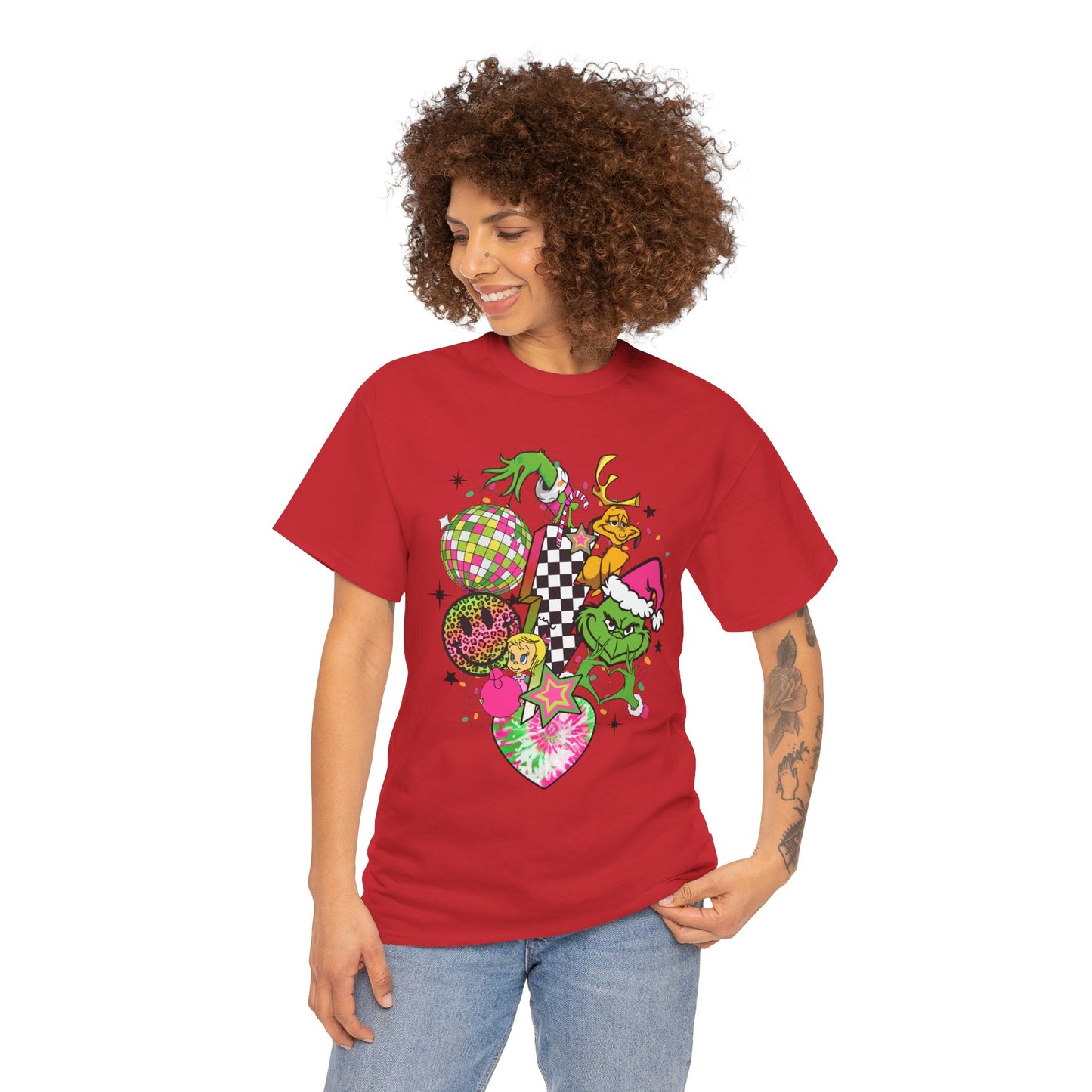Grinchy Bell Christmas T-Shirt – Neon Holiday Hearts & Grumpy Green Vibes Tee (Unisex)